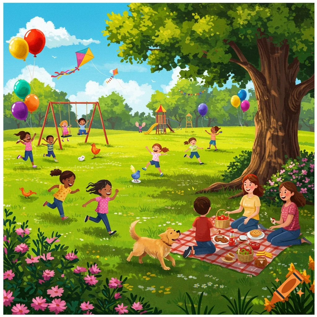 Vibrant illustration of children playing and families picnicking in a sunny park with a playground.