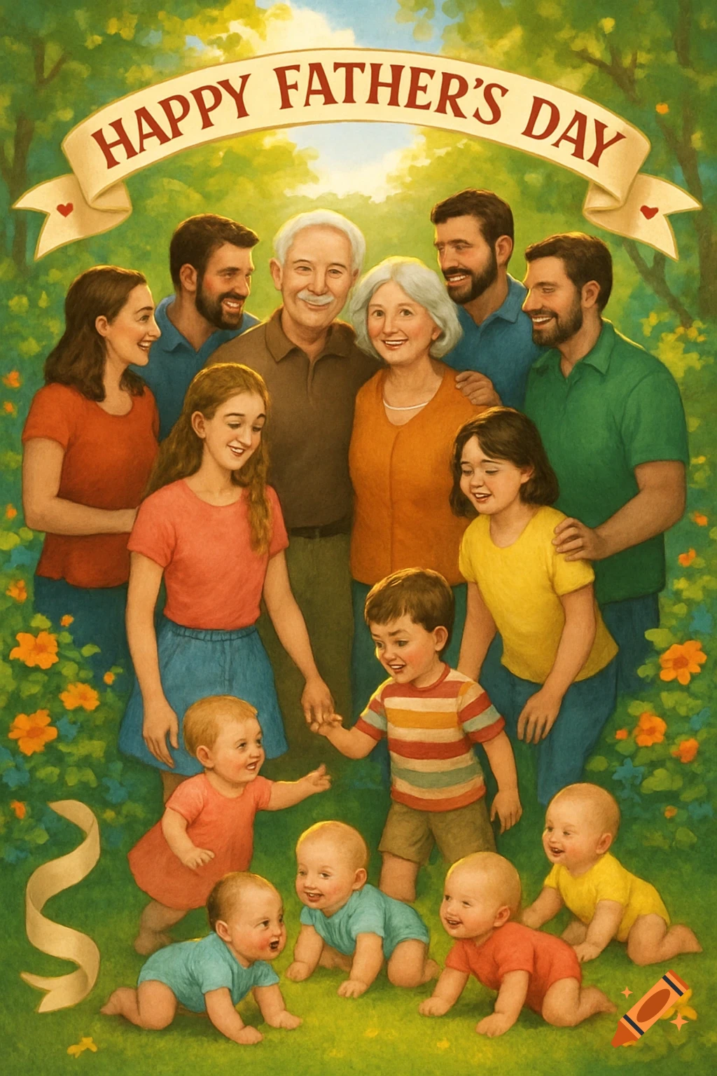 An illustration of a large, multi-generational family celebrating Father's Day outdoors, with grandparents, parents, children, and babies.