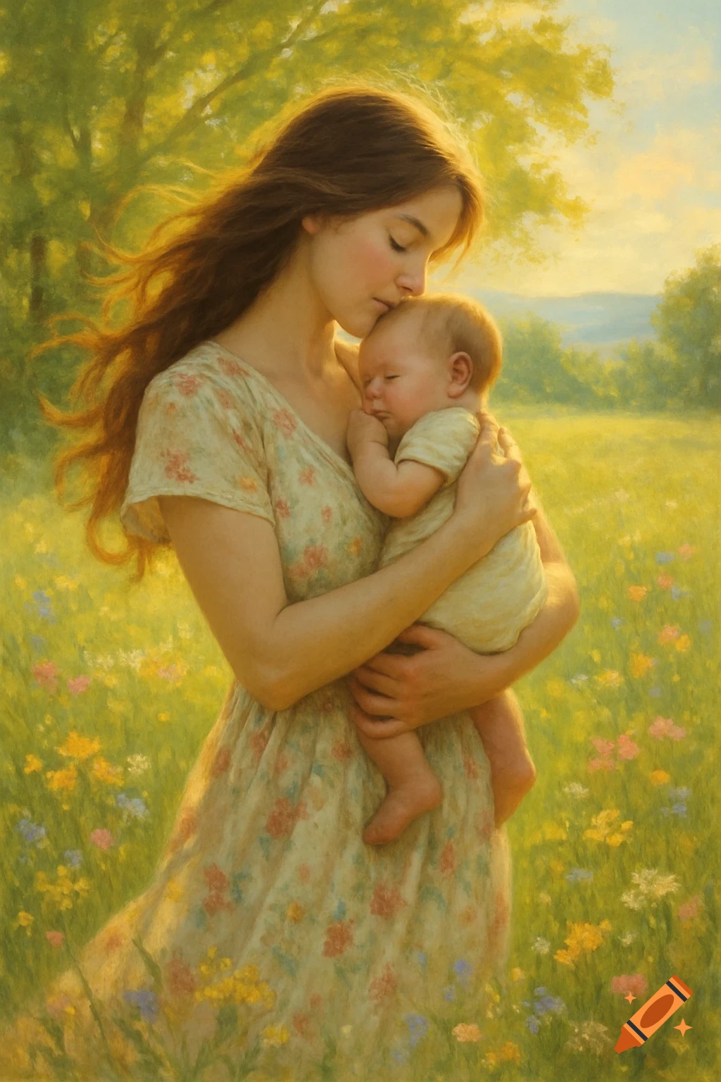 A serene painting of a mother gently holding her sleeping baby in a sunlit field filled with colorful wildflowers.