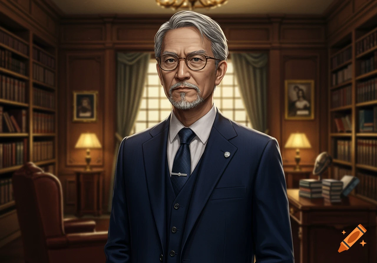 Photorealistic portrait of an older man in a dark blue suit, with gray hair, a goatee, and glasses, in a library.