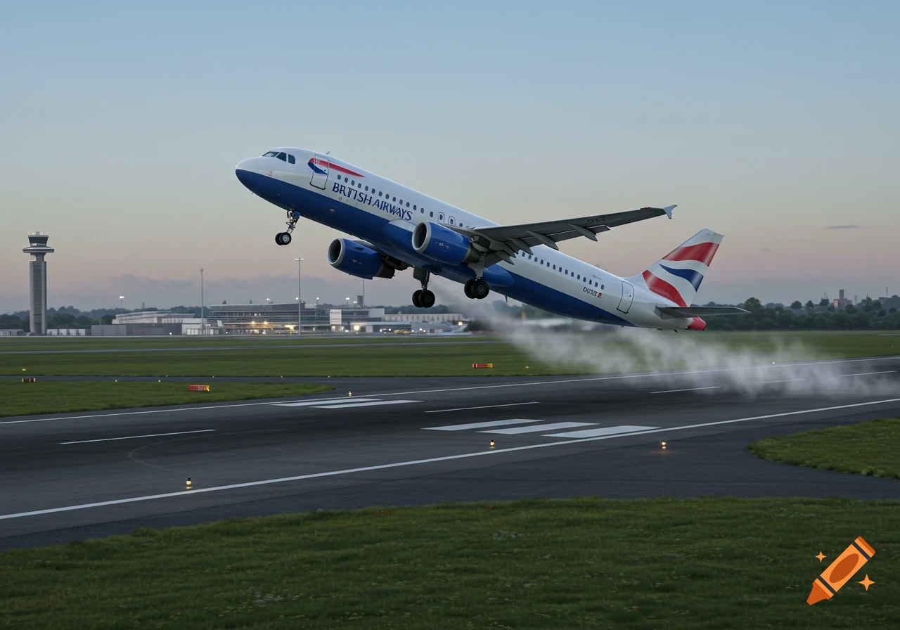 Photorealistic image of a British Airways A320 airplane taking off from an airport runway with an air traffic control tower in the distance.