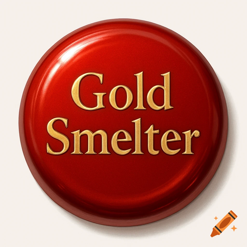 A shiny red button with the words 'Gold Smelter' written in embossed gold lettering.