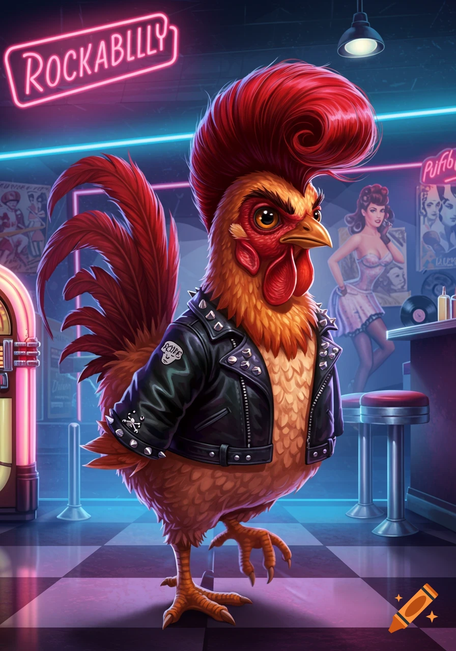A stylized cartoon rooster with a red pompadour and a studded leather jacket stands in a retro diner under a neon "ROCKABLLLY" sign.