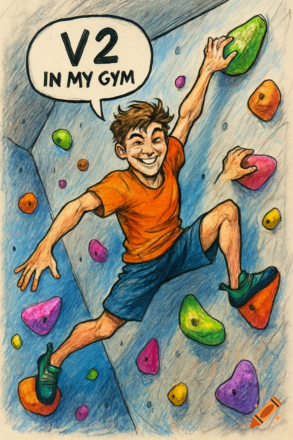 A boy with a smug smile climbs an indoor bouldering wall, a speech bubble says 'V2 IN MY GYM', in a colored sketch style.