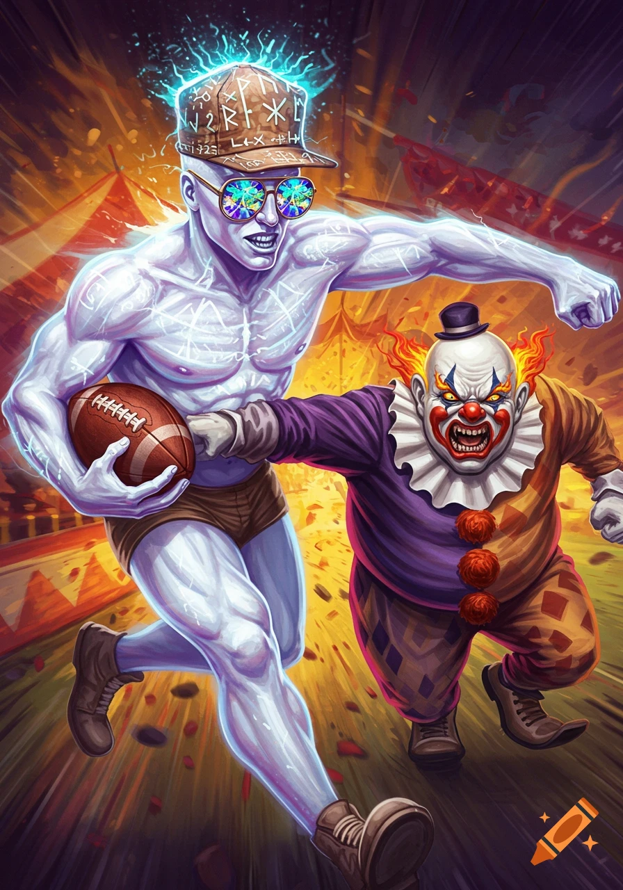 A glowing, muscular man with a mystical cap, sunglasses, and a football stiff-arms an angry, flame-haired clown in a dynamic comic illustration.