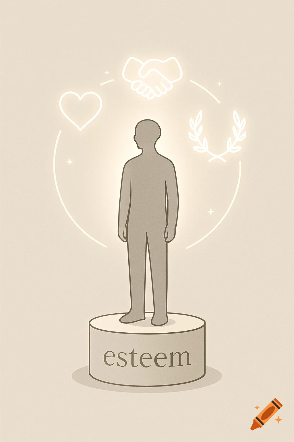 Minimalist illustration of a person on a pedestal with glowing symbols of respect, trust, and admiration. The word 'esteem' is on the base.