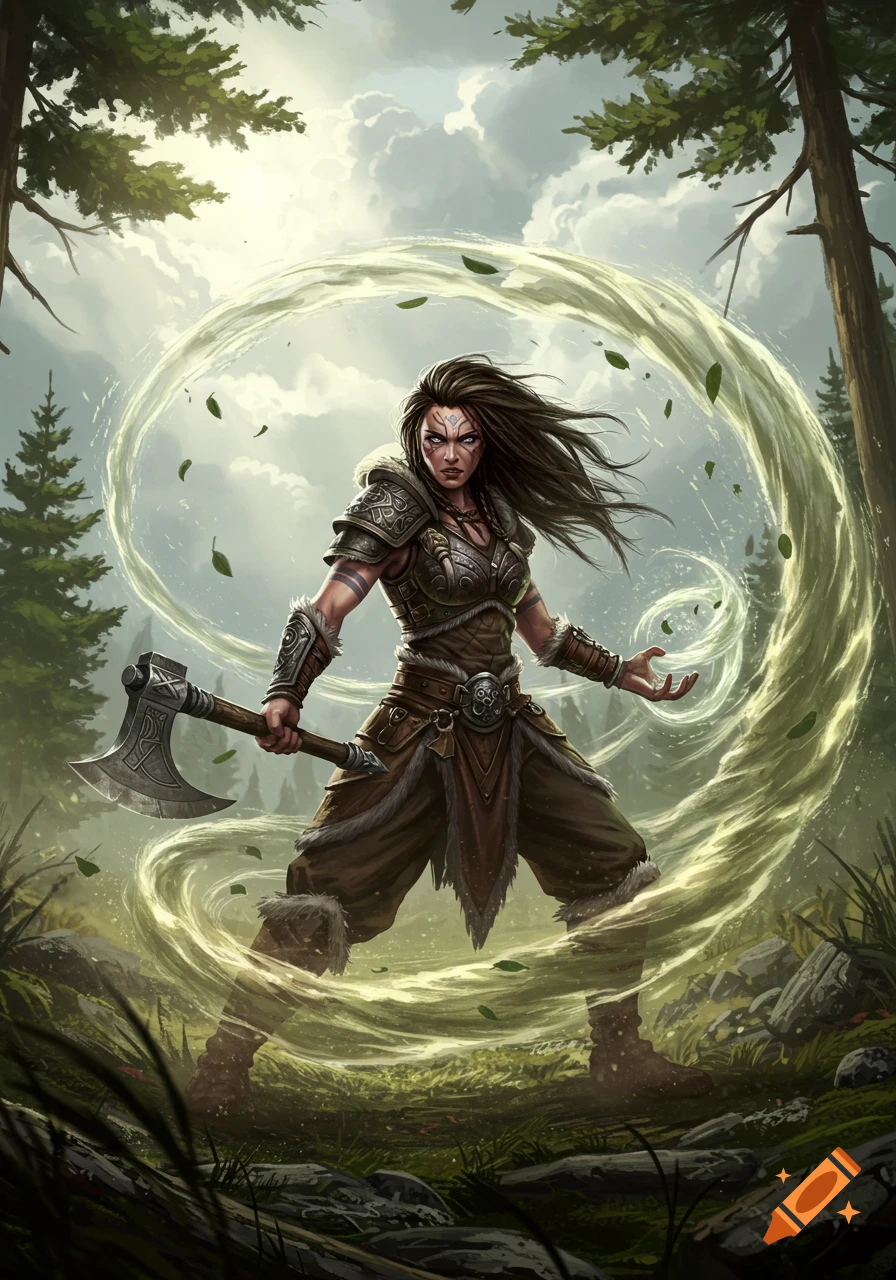 A powerful female barbarian with an axe conjures wind magic amidst a sunlit forest, in a fantasy art style.