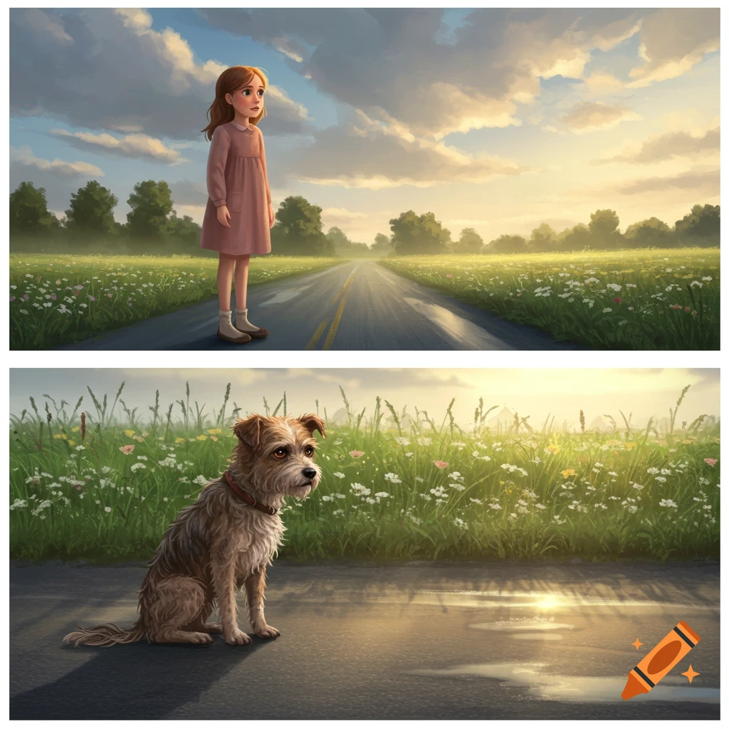 A cartoon girl in a pink dress stands on a wet road, looking at a brown dog sitting nearby in a sunlit field.
