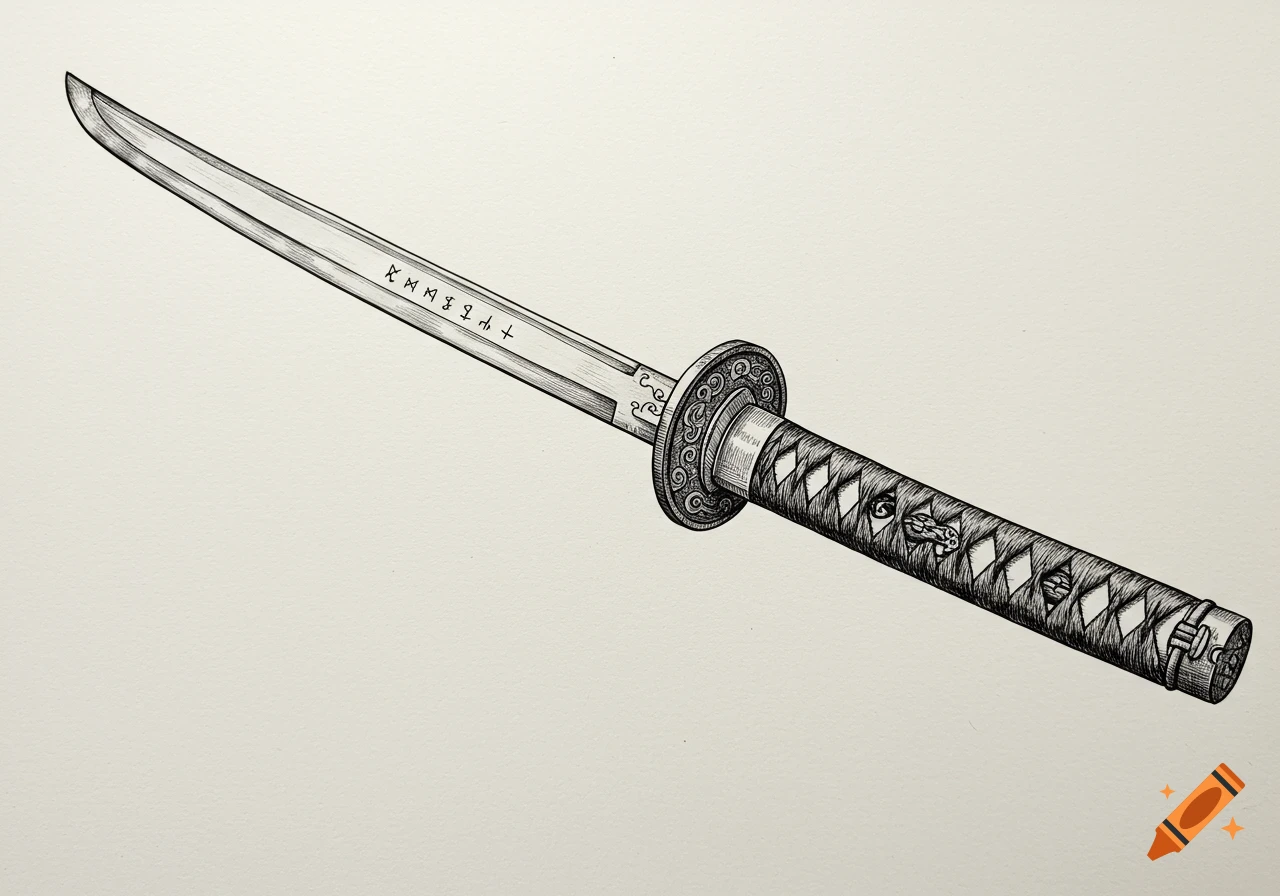 A detailed pen and ink drawing of a katana sword with runes on its blade.