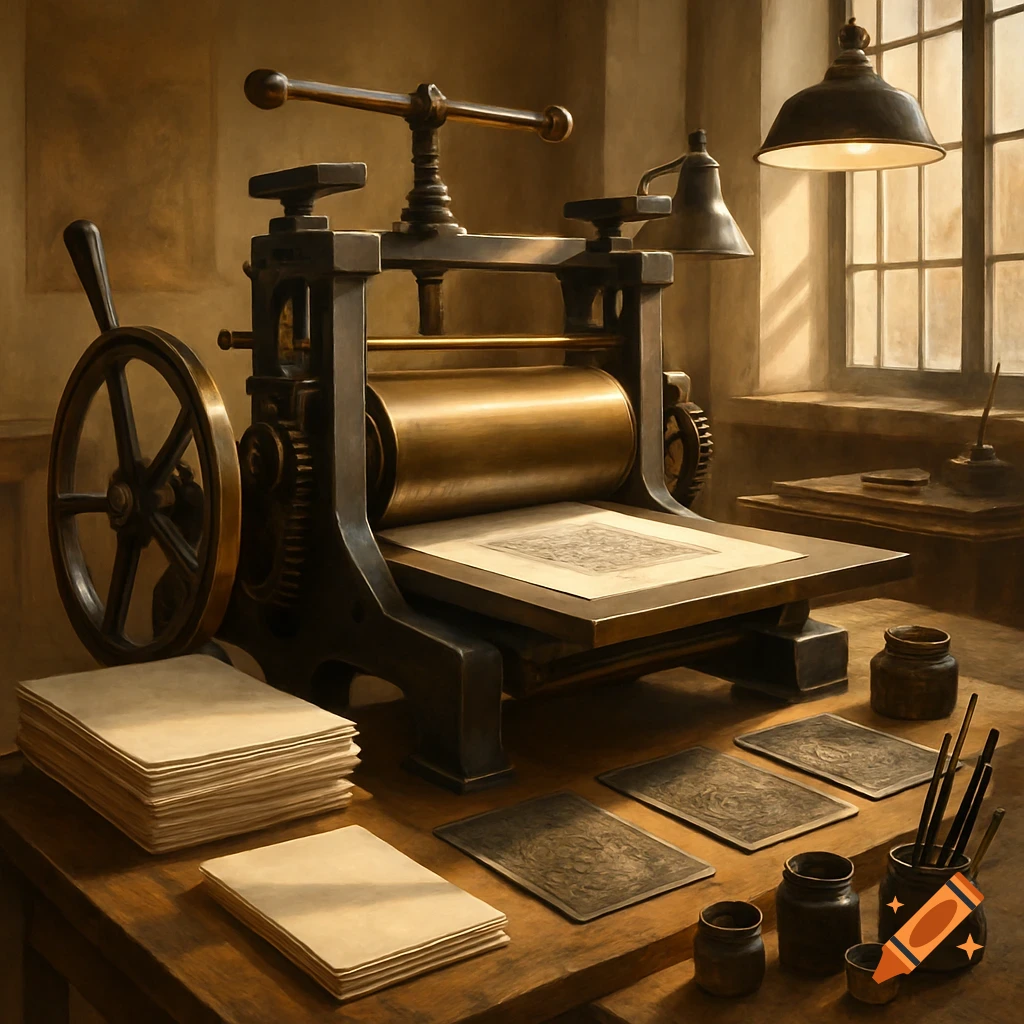 An antique intaglio printing press with paper, printing plates, ink pots, and brushes on a wooden table in a sunlit workshop.