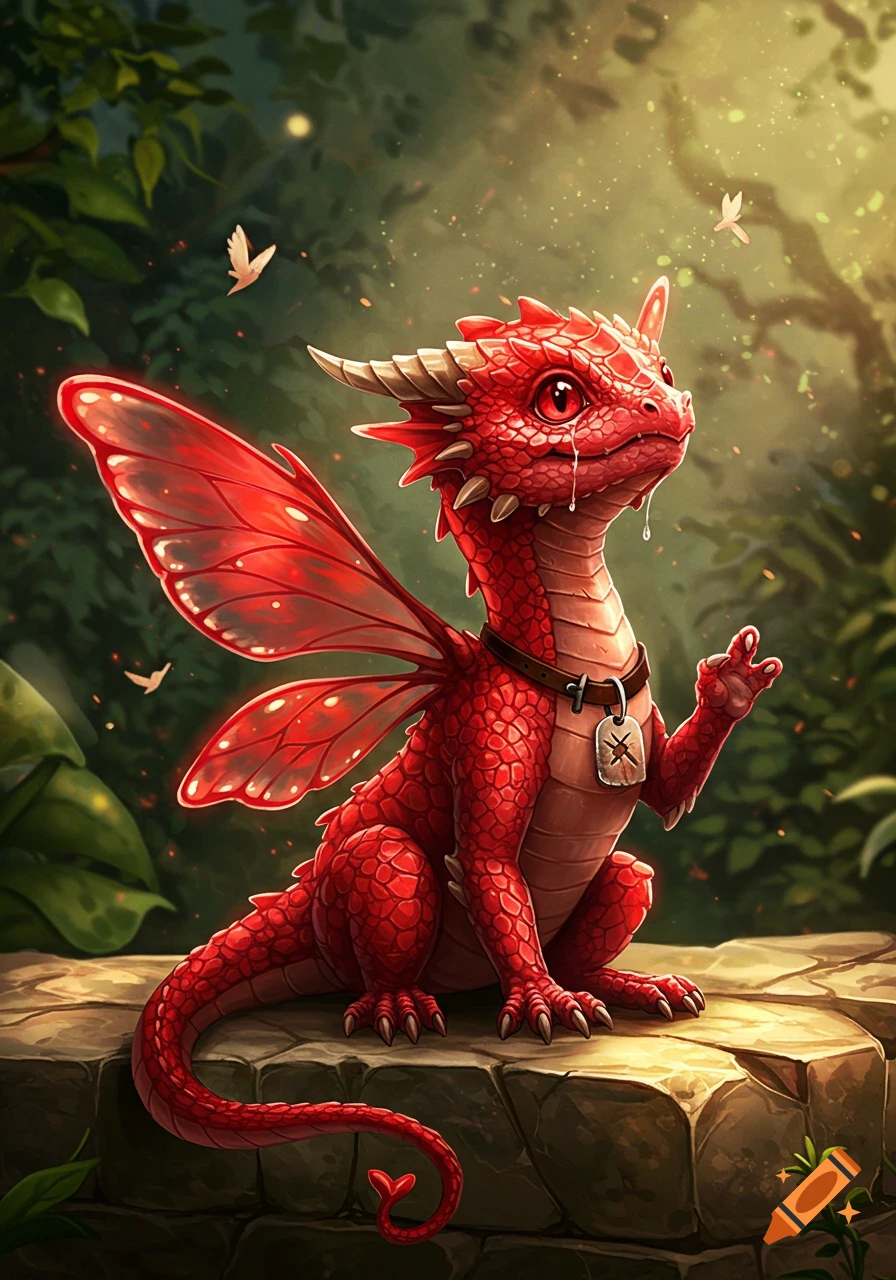 A cute, red baby dragon with translucent butterfly wings and a collar sits on a stone ledge in a magical forest, shedding a tear.