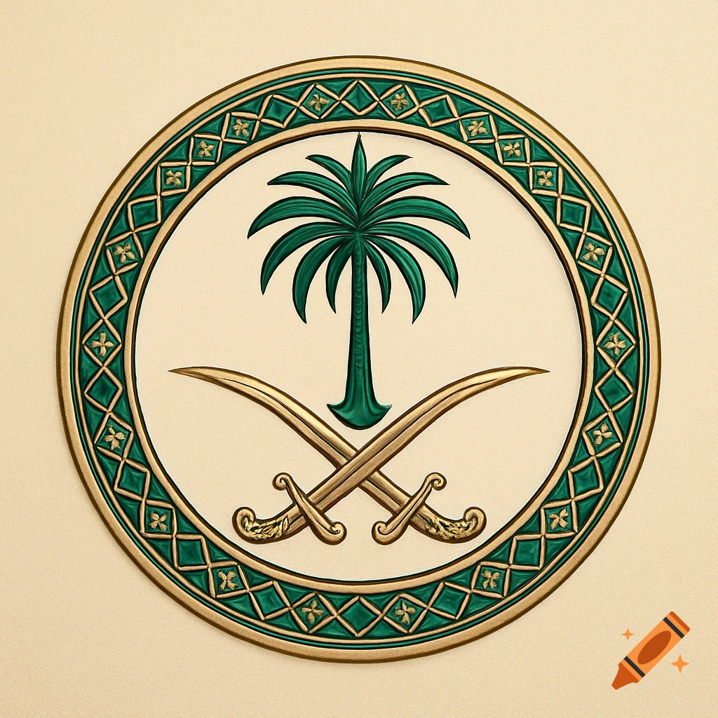 Gold and green circular emblem featuring a palm tree above two crossed golden swords, embossed on a beige background.