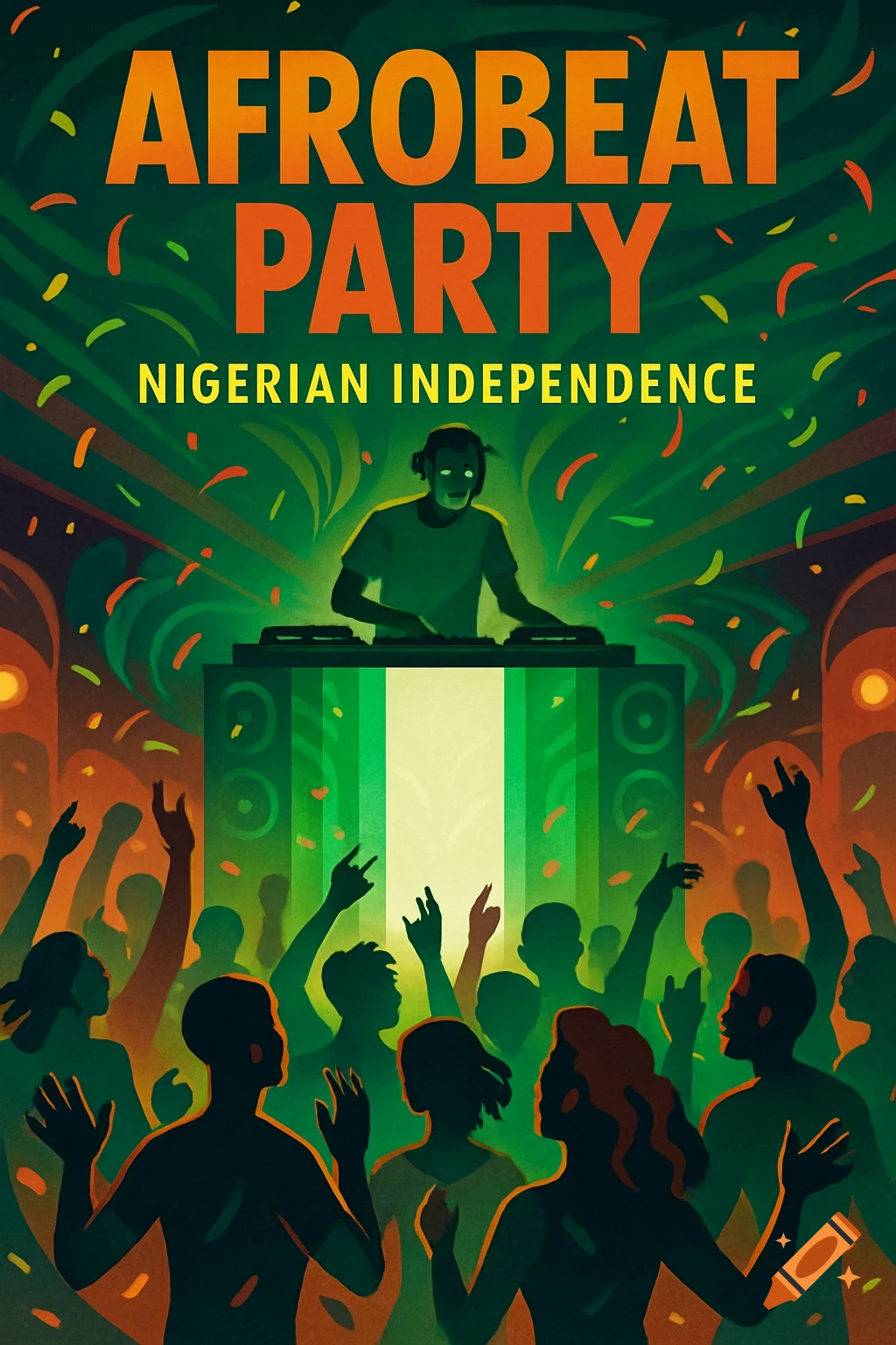 Stylized poster of an Afrobeat party for Nigerian Independence, with a DJ, energetic crowd, and confetti in green and orange.