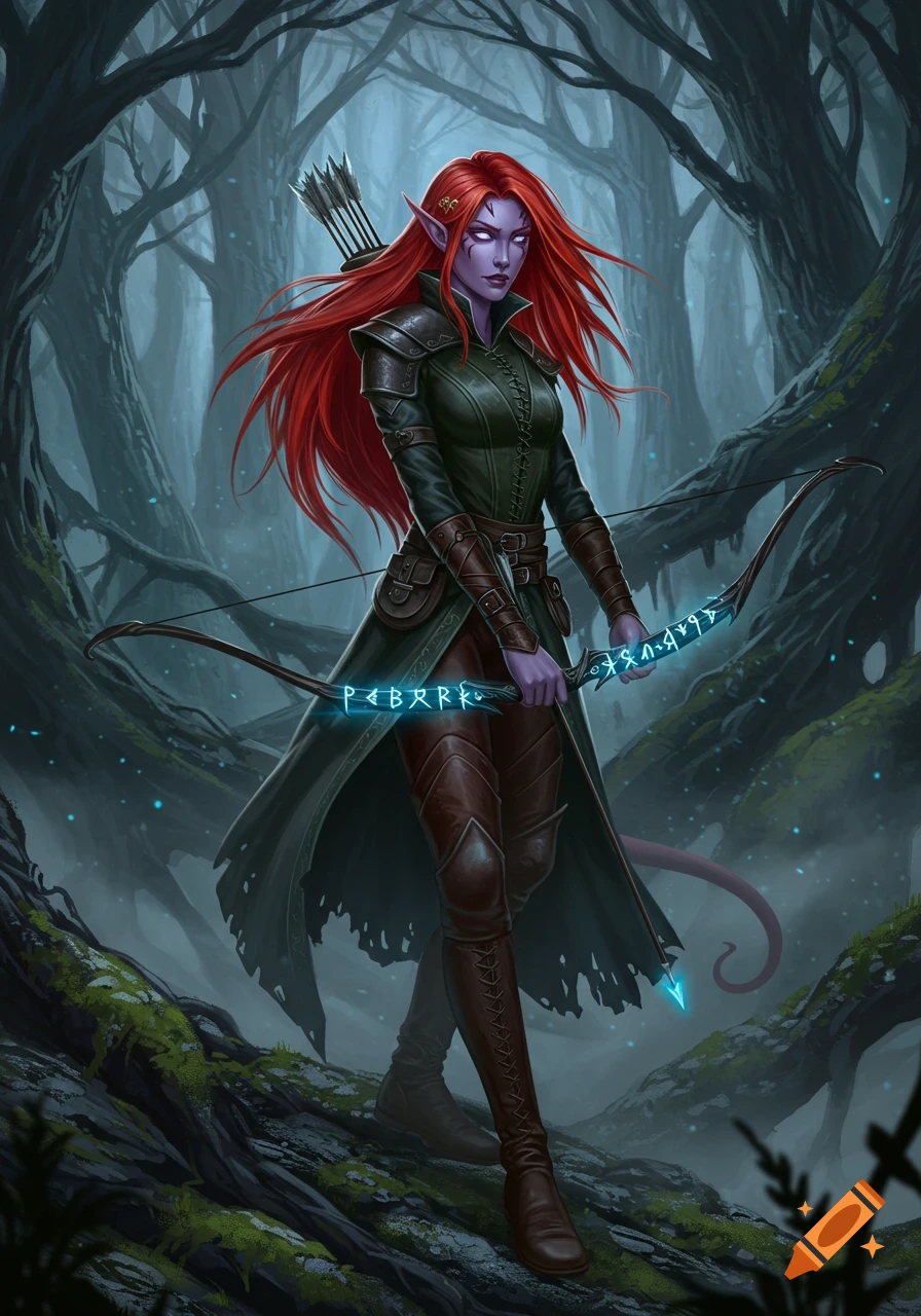 A red-haired, purple-skinned drow archer stands in a misty forest, holding a glowing bow.