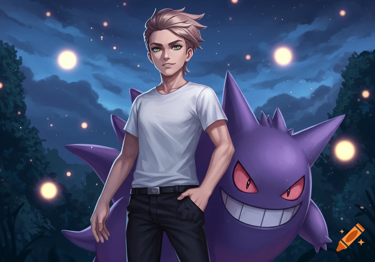 Anime-style illustration of a young man with short dirty blond hair and green eyes standing next to a purple Gengar at night.