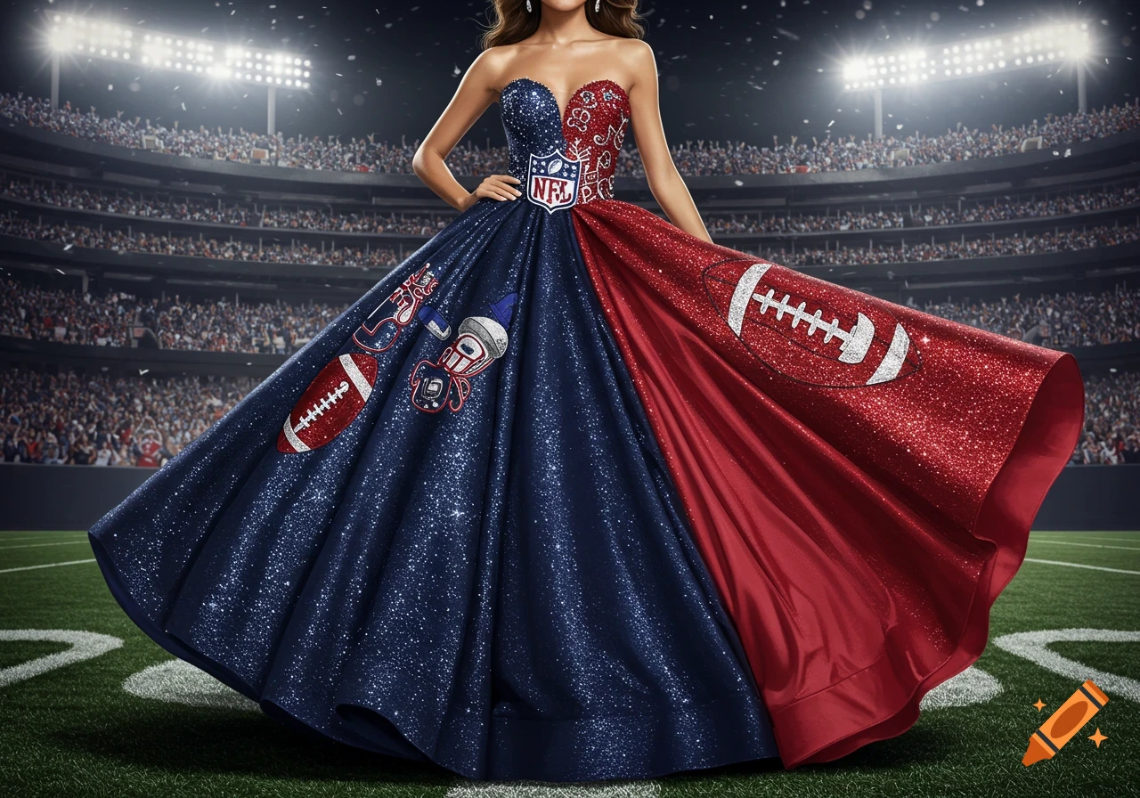 A woman in a split red and blue glittery prom dress with NFL and football motifs stands on a football field in a stadium.