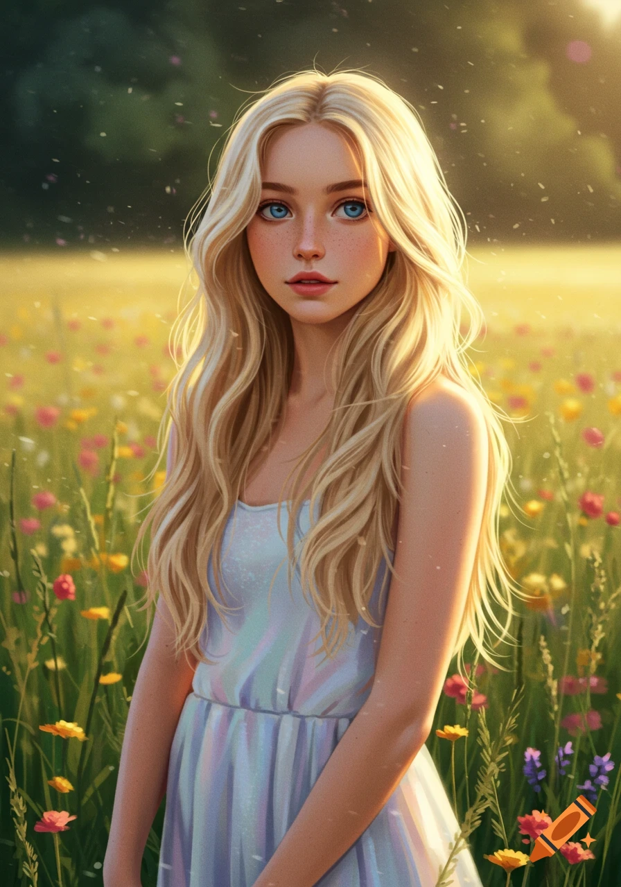 Dreamy illustration of a blonde woman in a pastel sundress standing in a sunlit wildflower meadow.