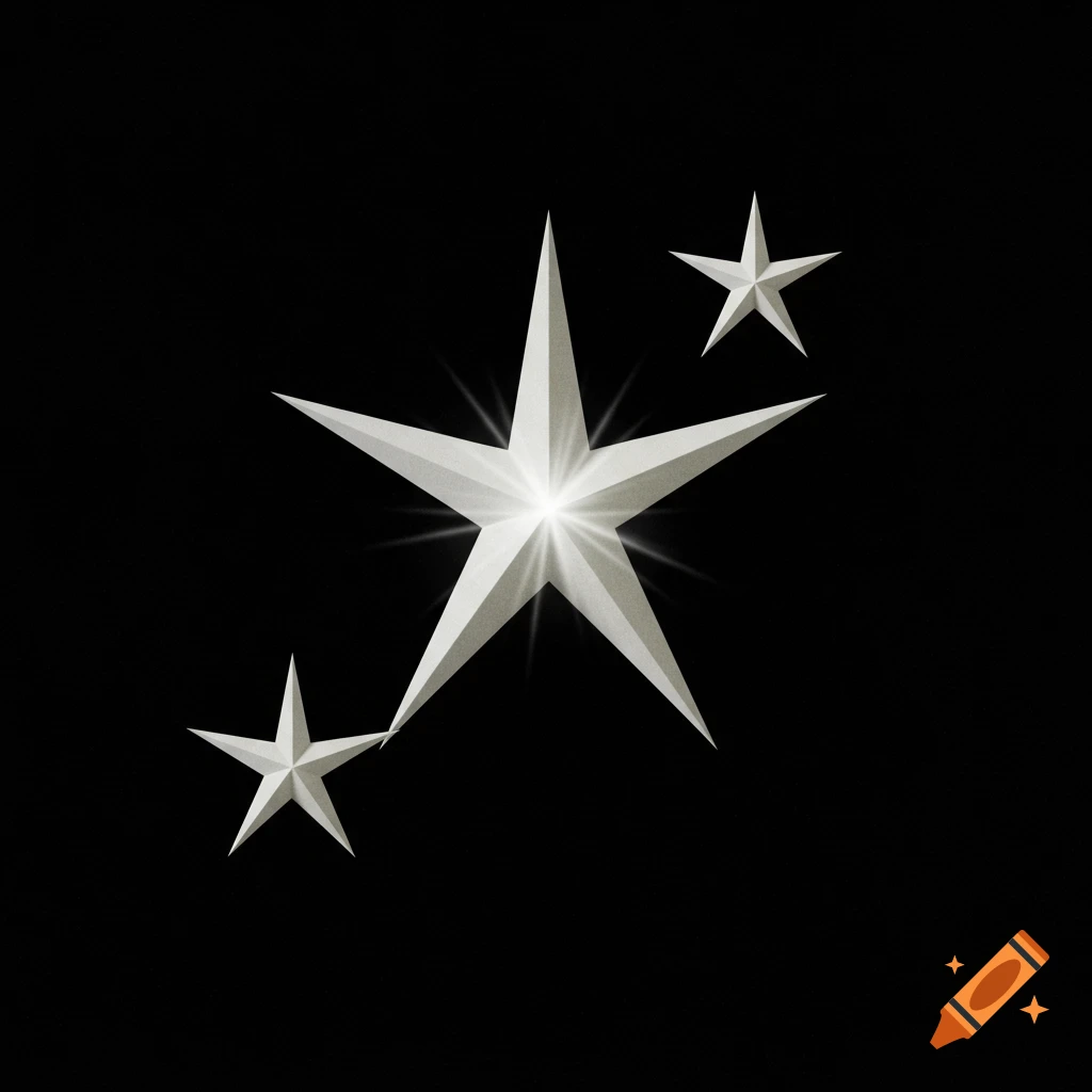 Three glowing white five-pointed stars, one large and two smaller, with light rays, against a stark black background.