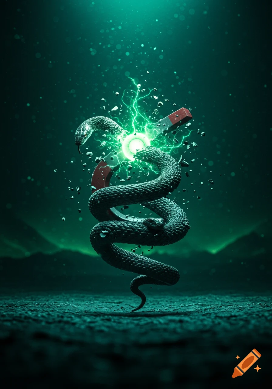 A dark green image shows a snake coiled around a horseshoe magnet, with bright green electricity crackling between them.