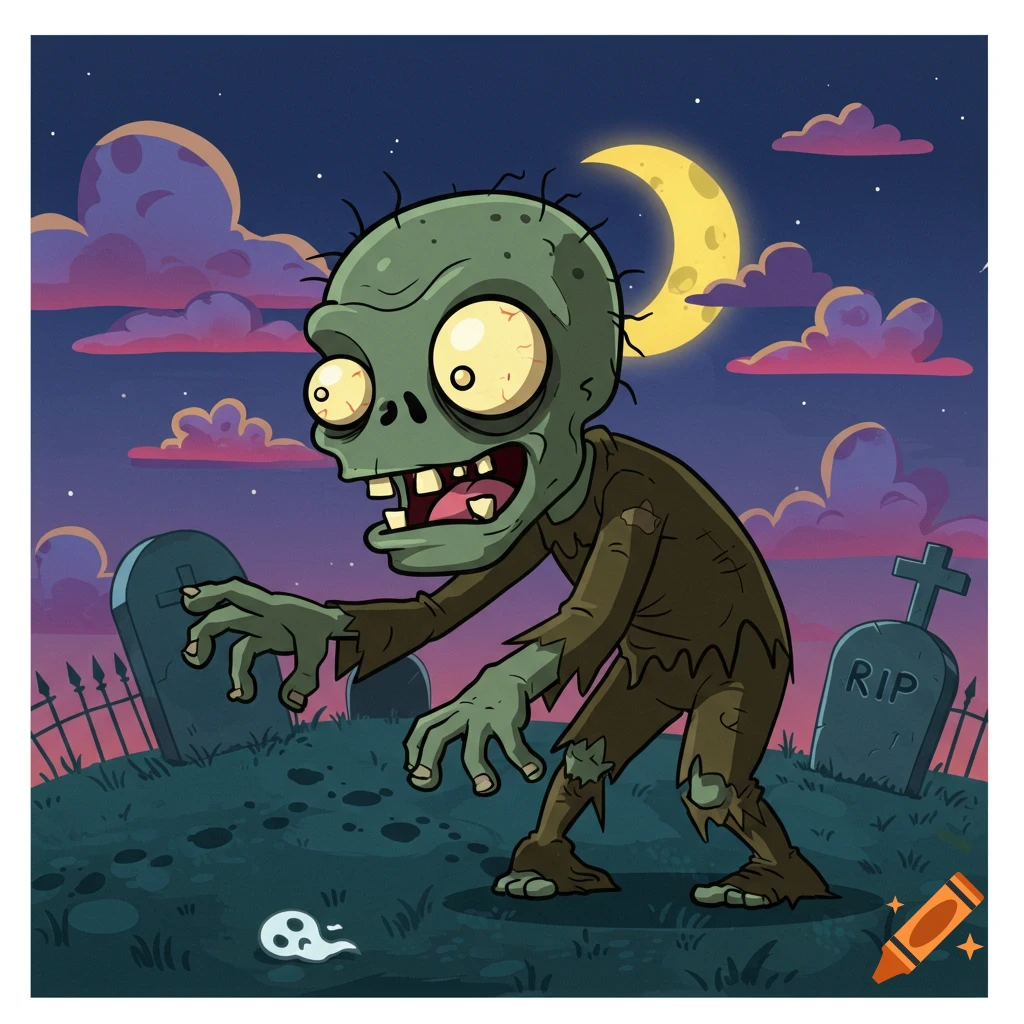 A 2D cartoon zombie shuffles through a spooky graveyard at night under a crescent moon, with tombstones and a small ghost.