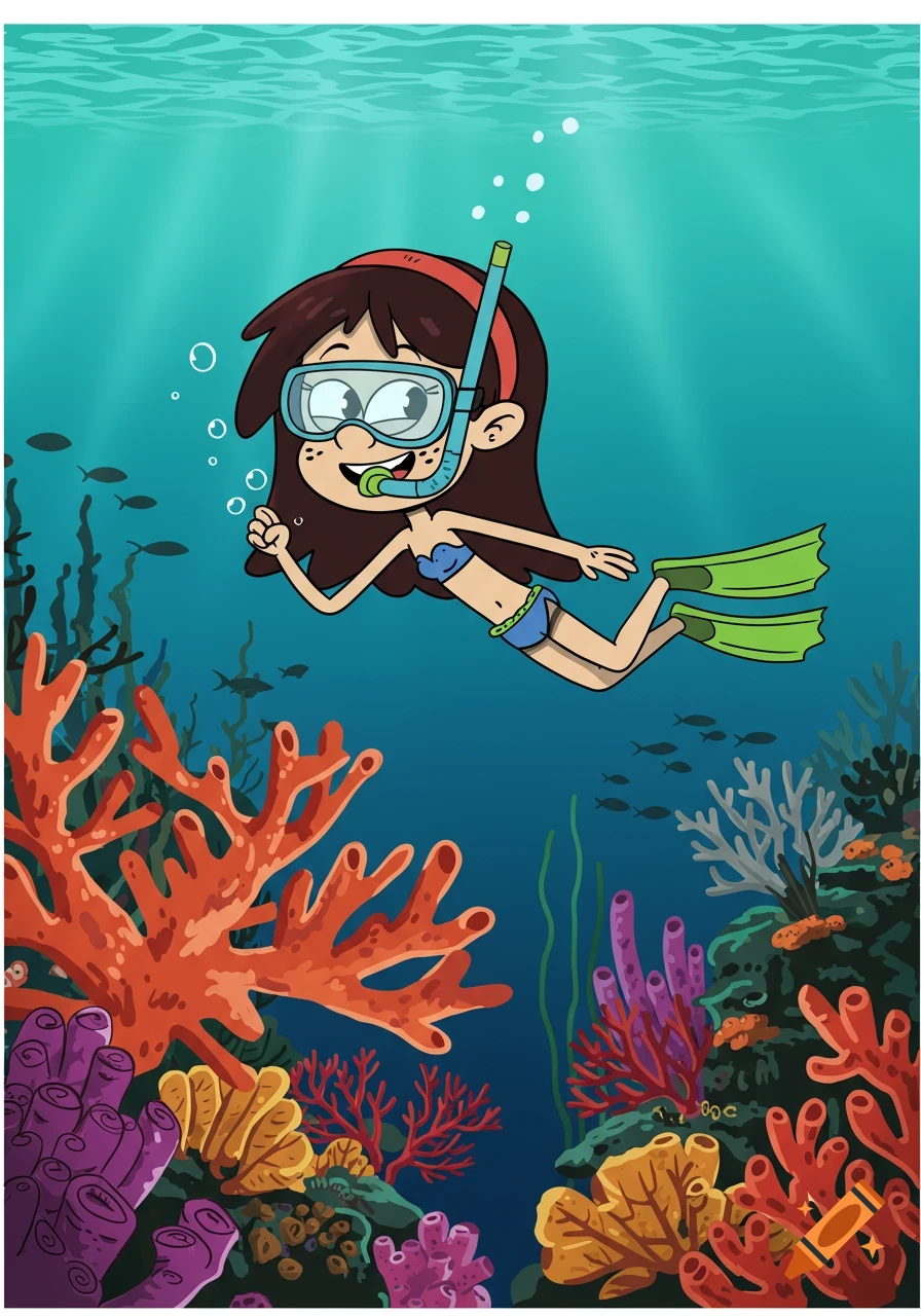 Cartoon character Sid Chang snorkeling in a vibrant underwater coral reef with fish.