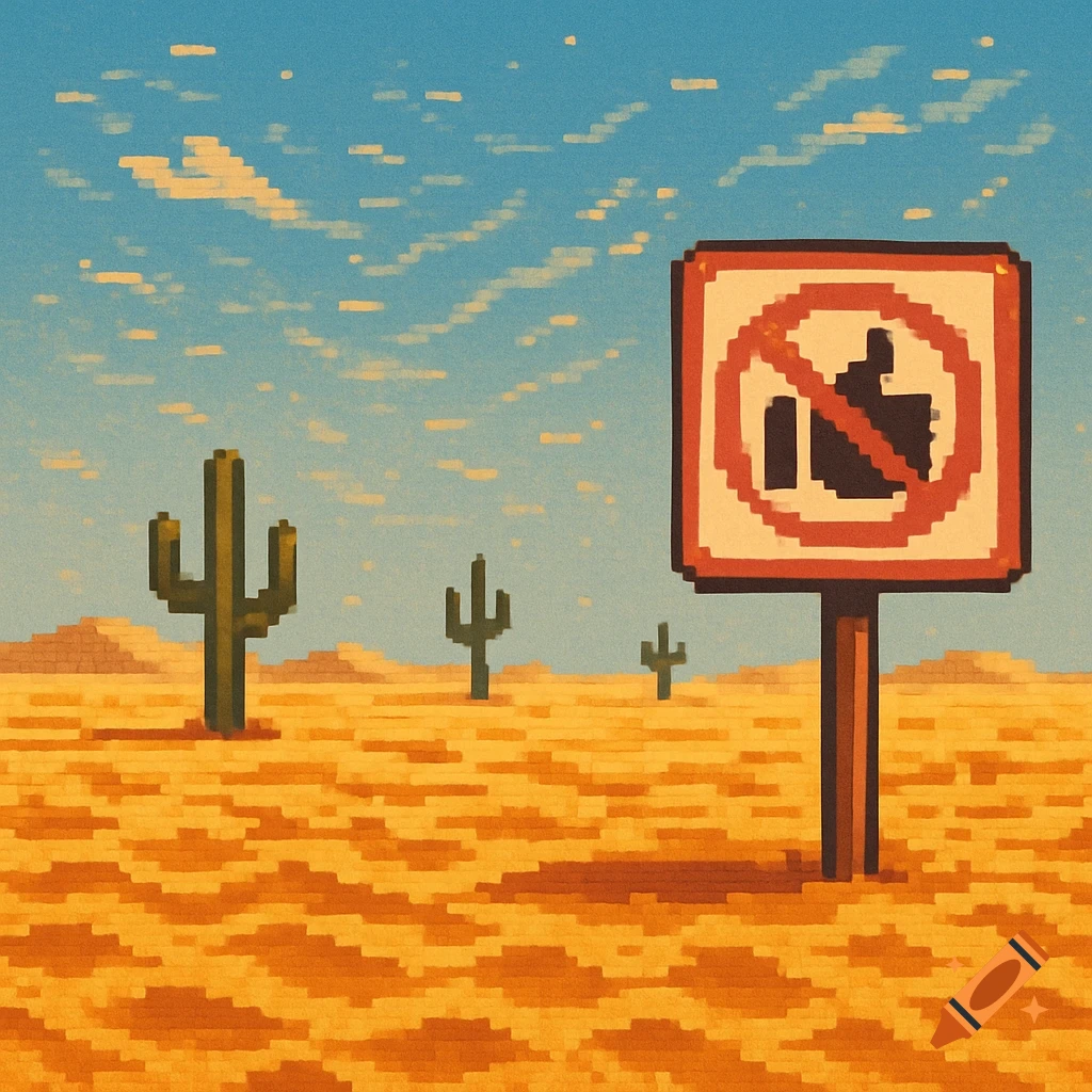 Pixel art desert scene with cacti and a sign showing a forbidden thumbs-up symbol under a blue sky.