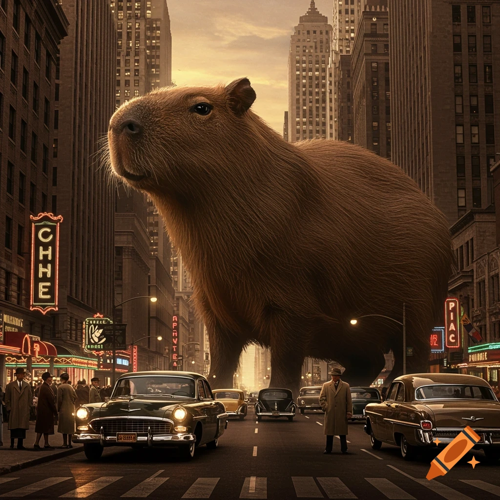 A massive capybara stands in a 1950s New York city street, dwarfing cars and pedestrians, with tall buildings under an orange sky.
