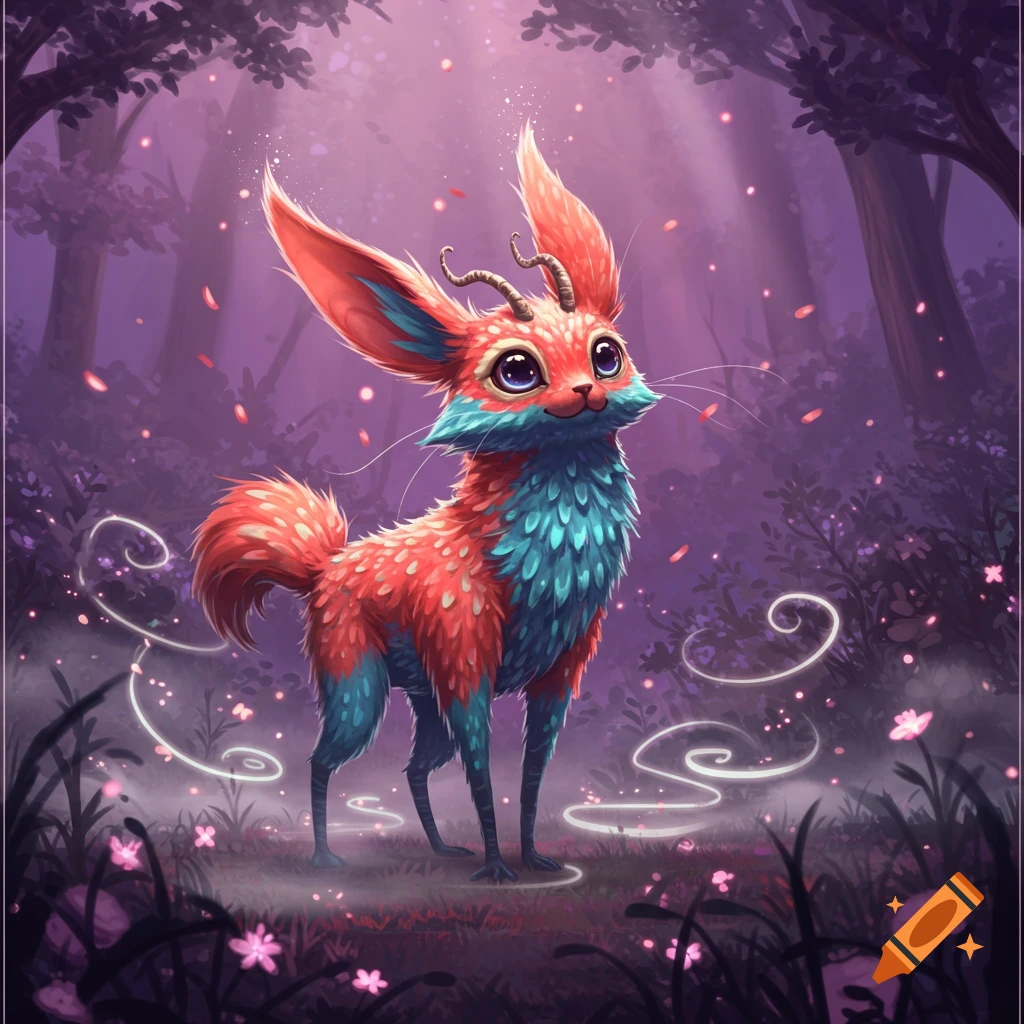 A cute, red-orange and teal fantasy creature with large ears and tiny horns smiles in a magical purple forest with glowing swirls.