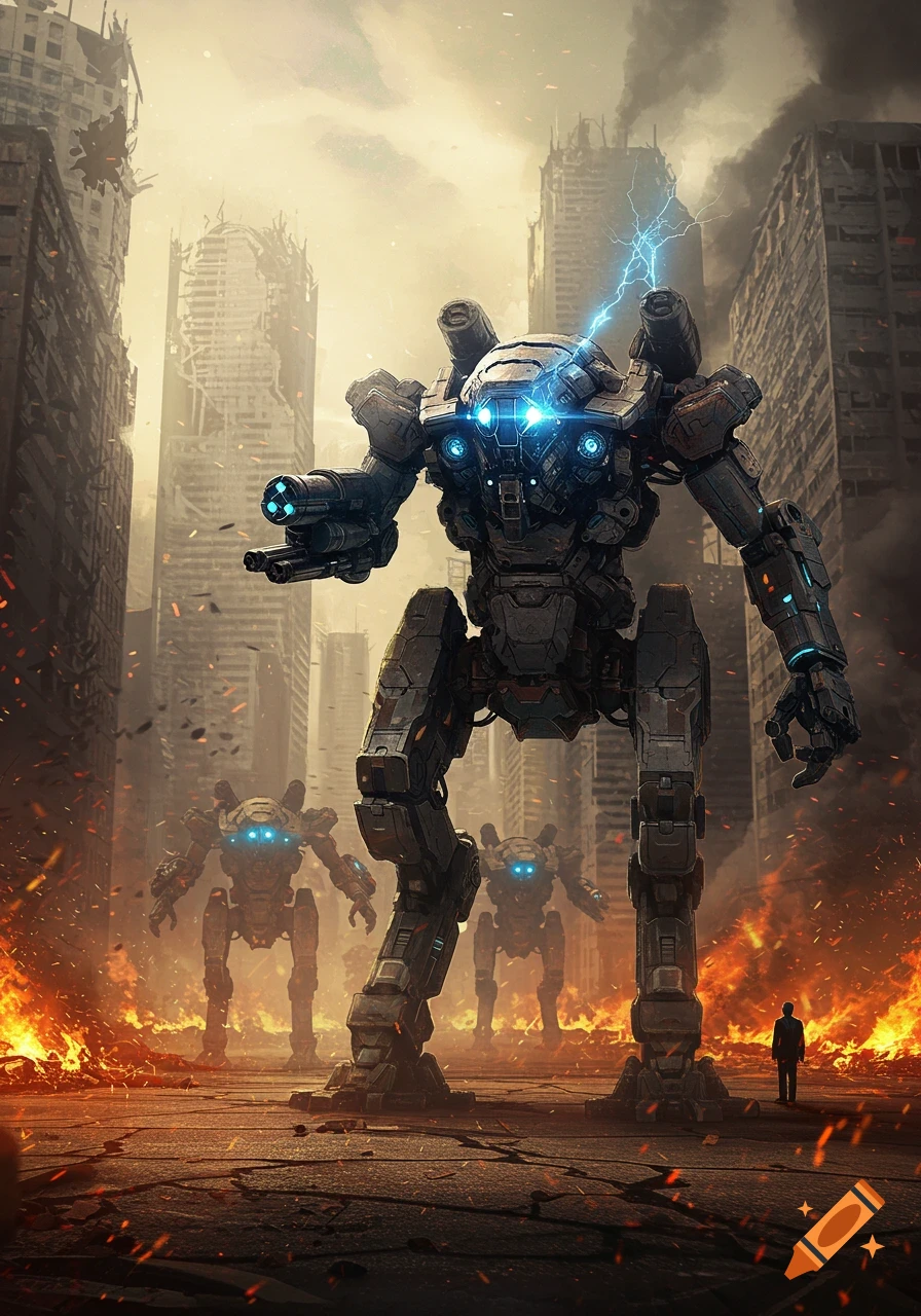 Large mechs stand in a burning, ruined dystopian city with crumbling skyscrapers, a lone figure observes.