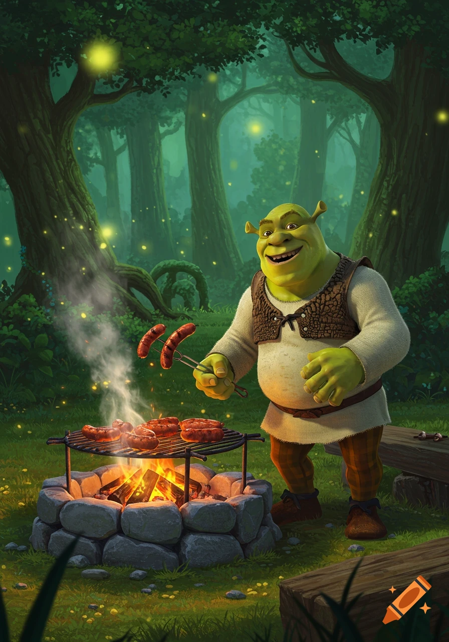 Shrek smiling while grilling sausages over a campfire in a vibrant, firefly-lit animated forest.