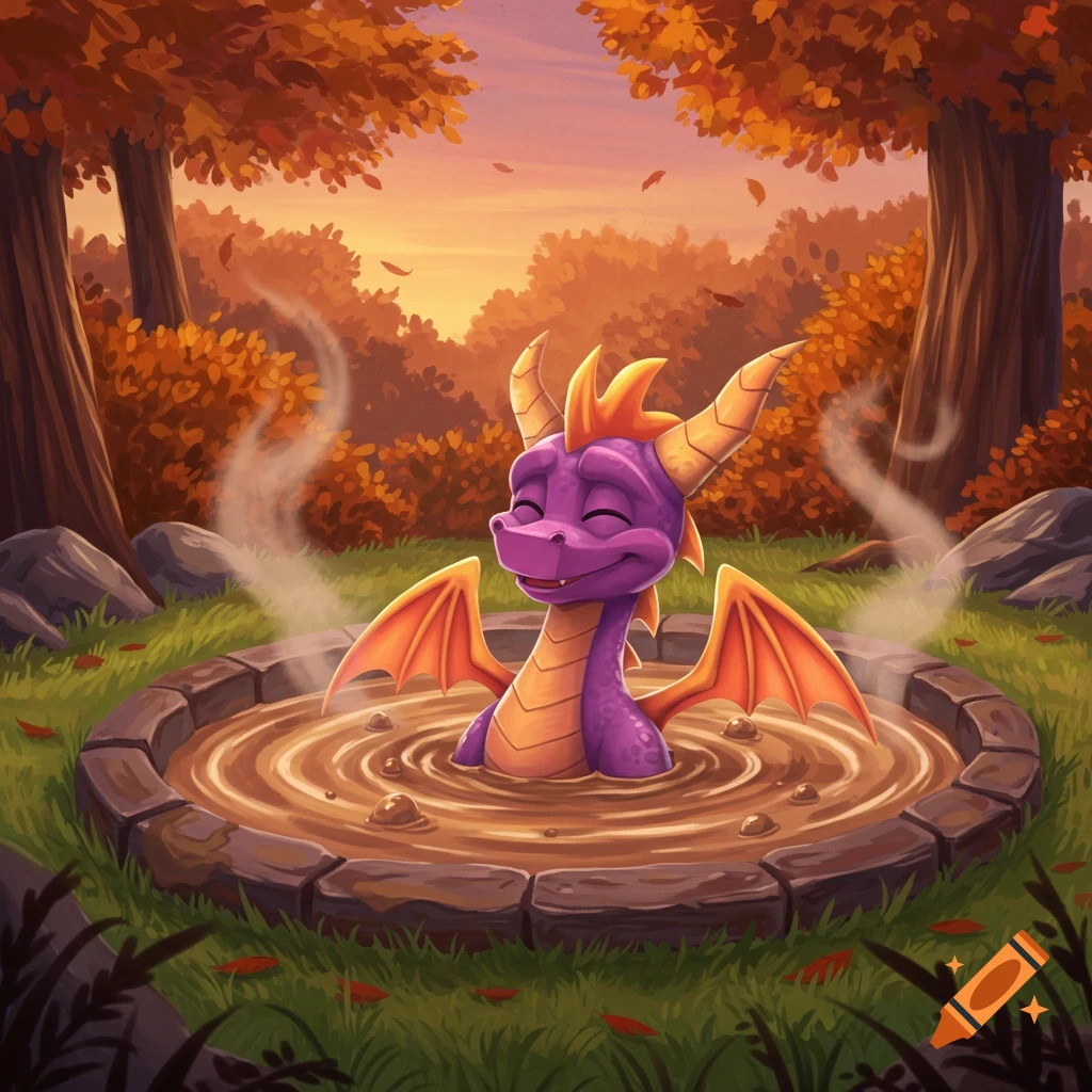 Purple dragon Spyro happily relaxes in a steaming mud hot tub surrounded by an autumn forest.