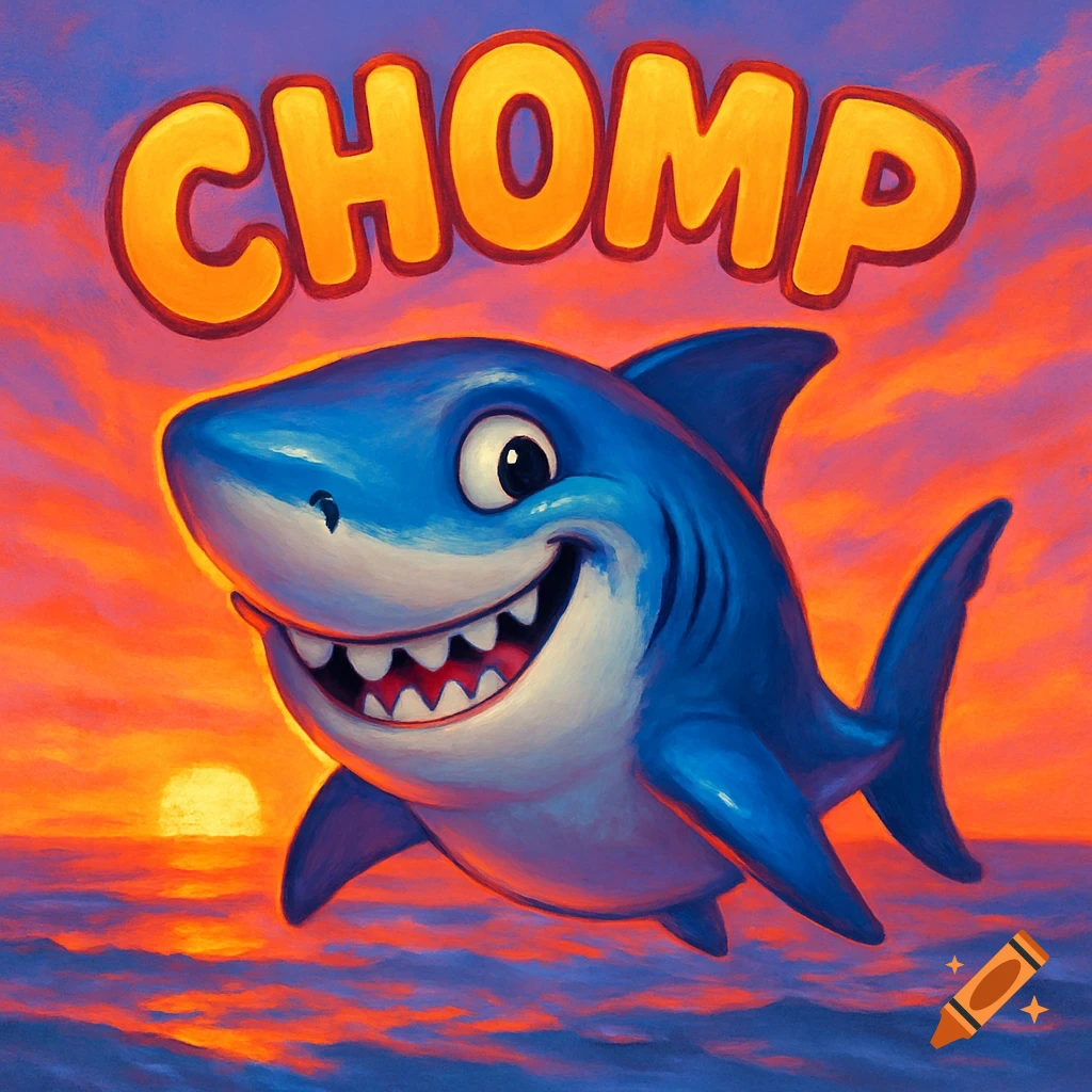 Smiling cartoon shark swimming in the ocean with a colorful sunset background and the word CHOMP in orange text.
