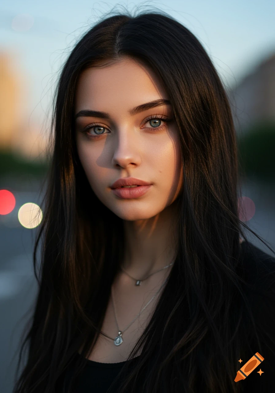 Photorealistic portrait of a young woman with long dark hair and piercing blue eyes, looking at the viewer with blurred city lights in the background.