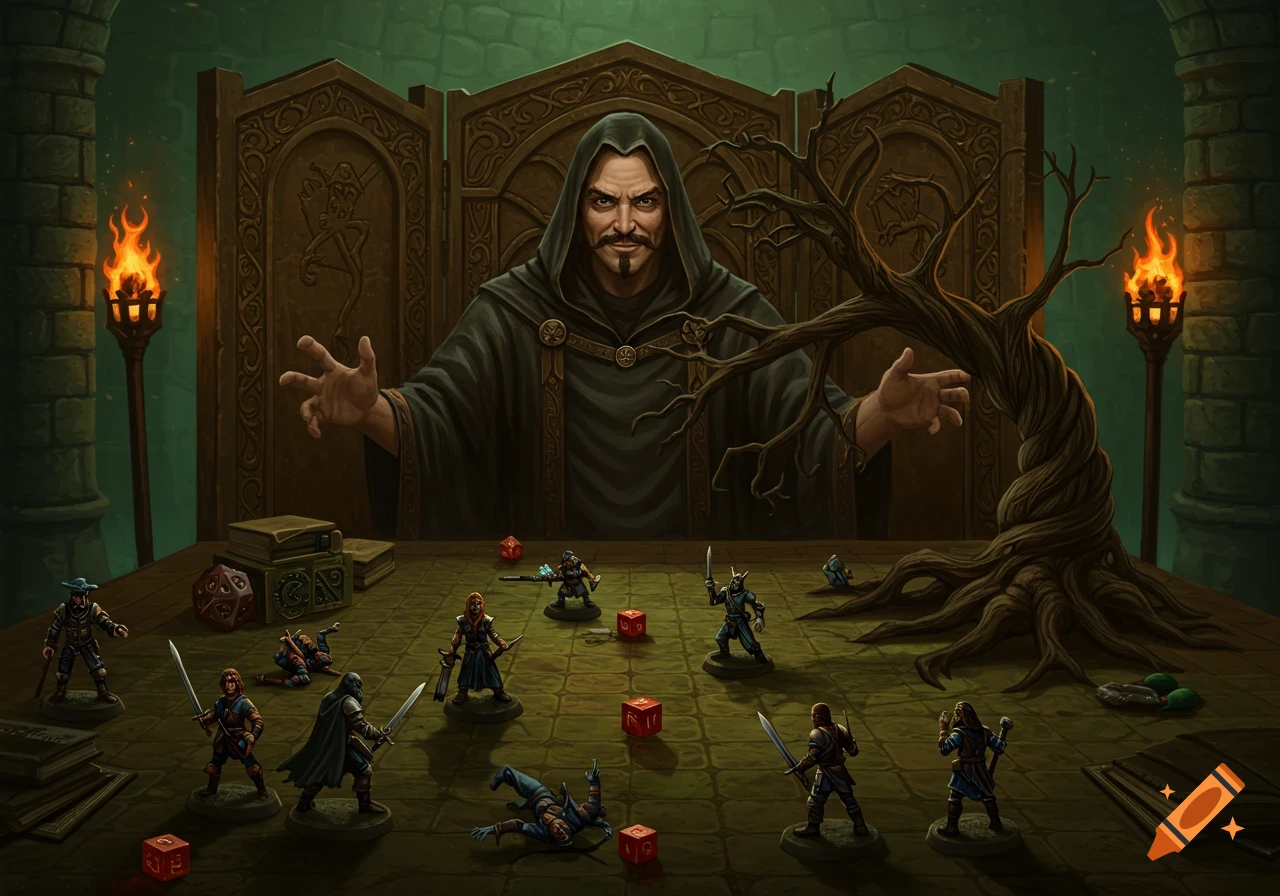 A Dungeon Master behind an ornate screen presides over a tabletop game with fantasy miniatures, including adventurers and a gnarled tree, with dice scattered around. Illustrative style.
