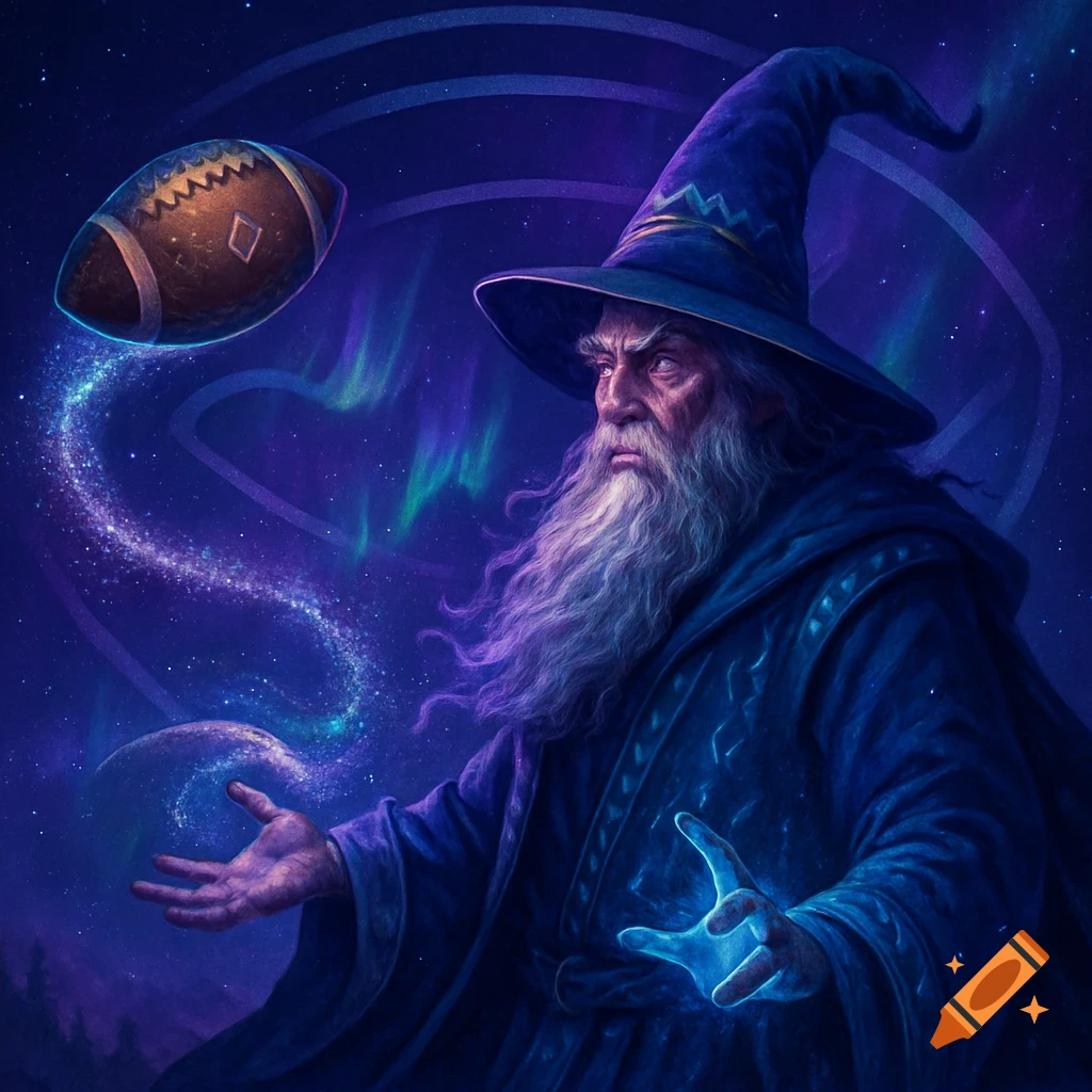 A powerful wizard in a blue robe and hat uses magic to throw an American football under a starry night sky with aurora borealis, digital art.