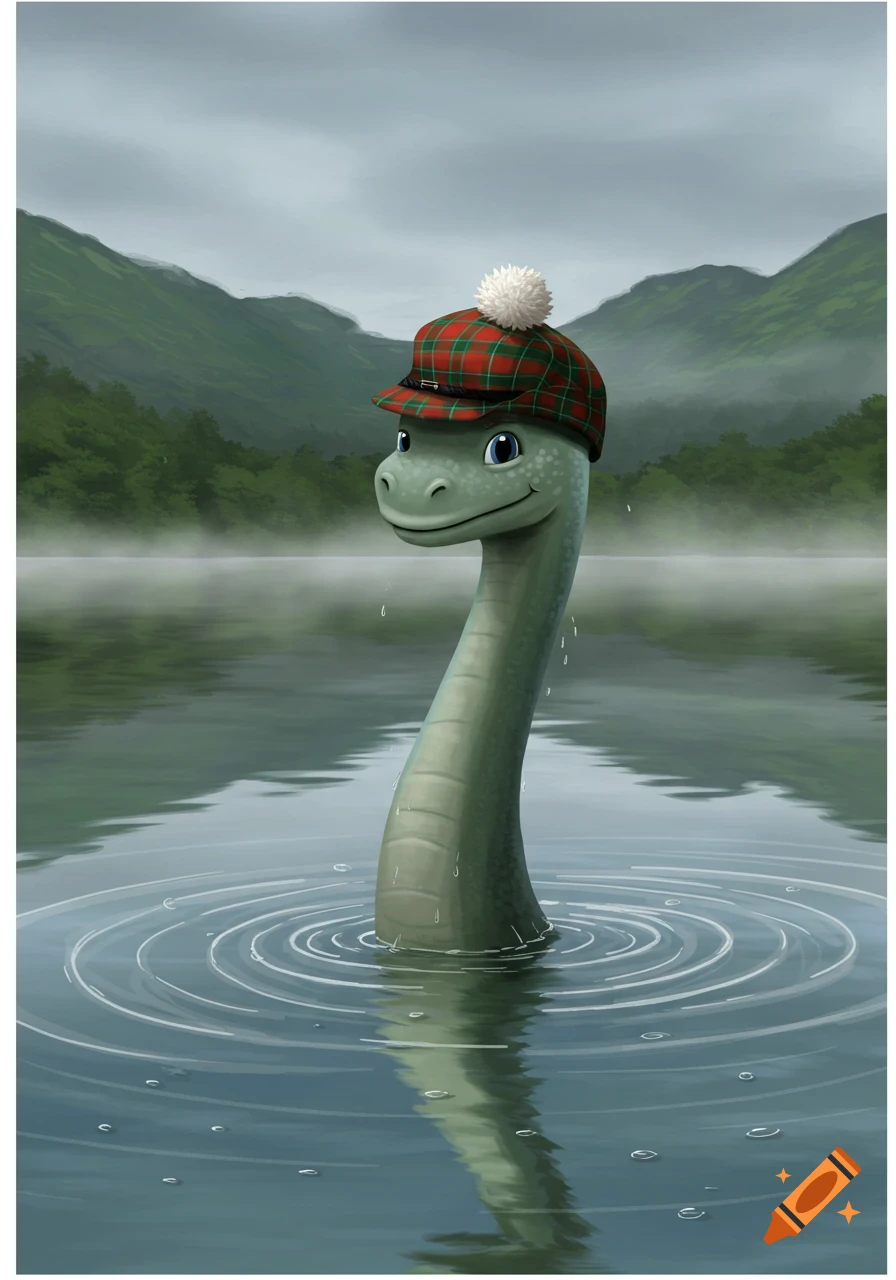 A friendly, cartoon Loch Ness monster in a red plaid Scottish hat emerges from a misty lake with mountains.