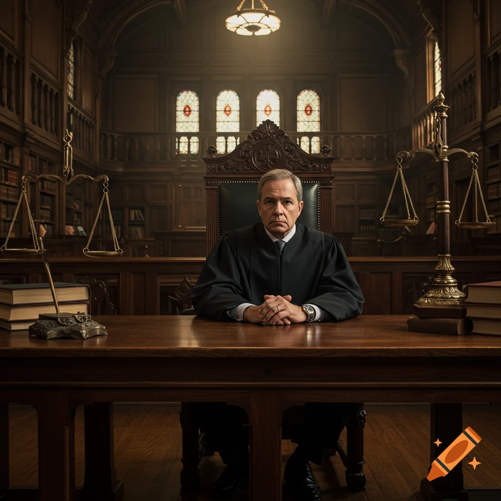 A stern judge in a black robe sits at a wooden desk in a grand, ornate courtroom with scales of justice, photorealistic.