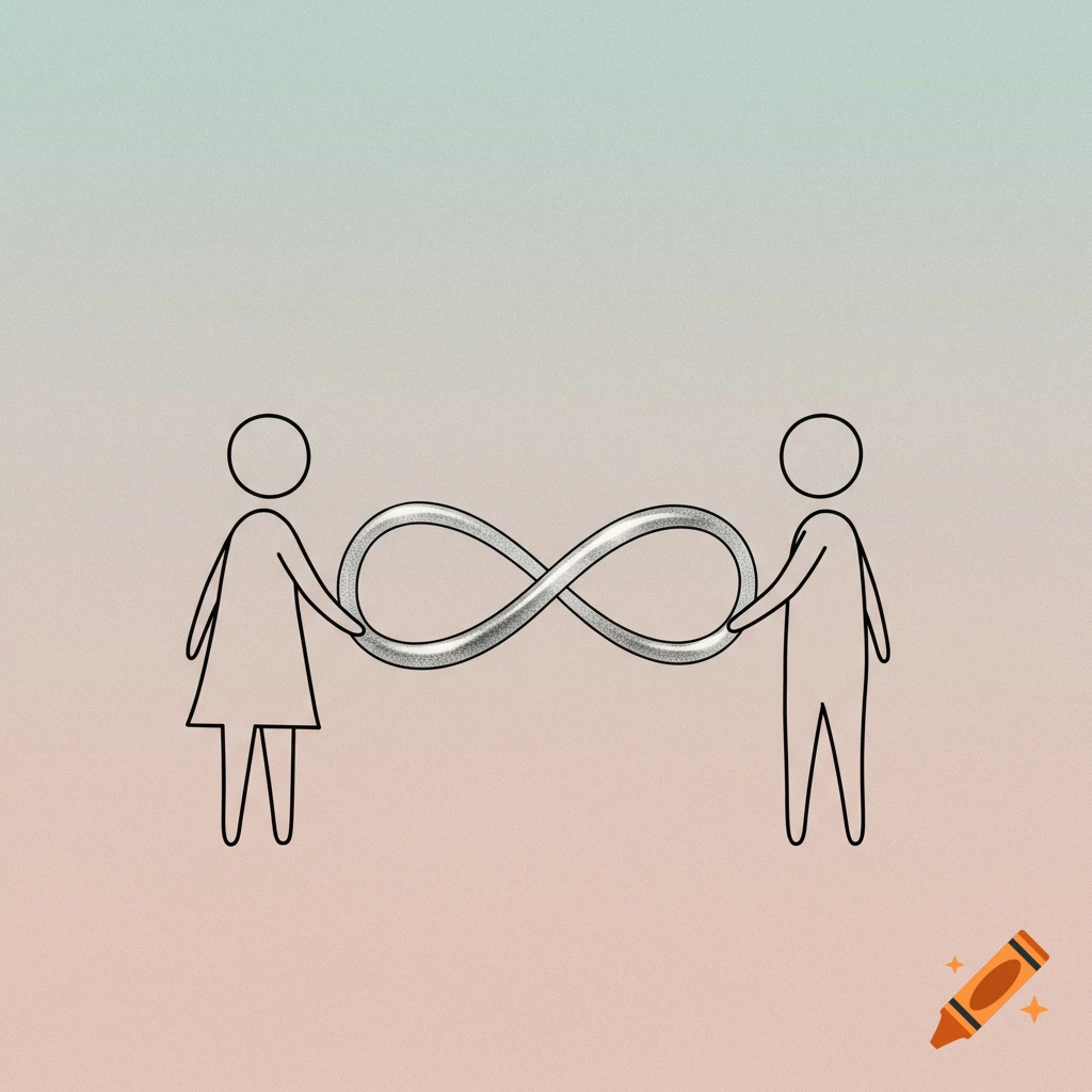 Minimalist illustration of stick figures, a man and a woman, holding a shimmering silver infinity symbol on a gradient background.