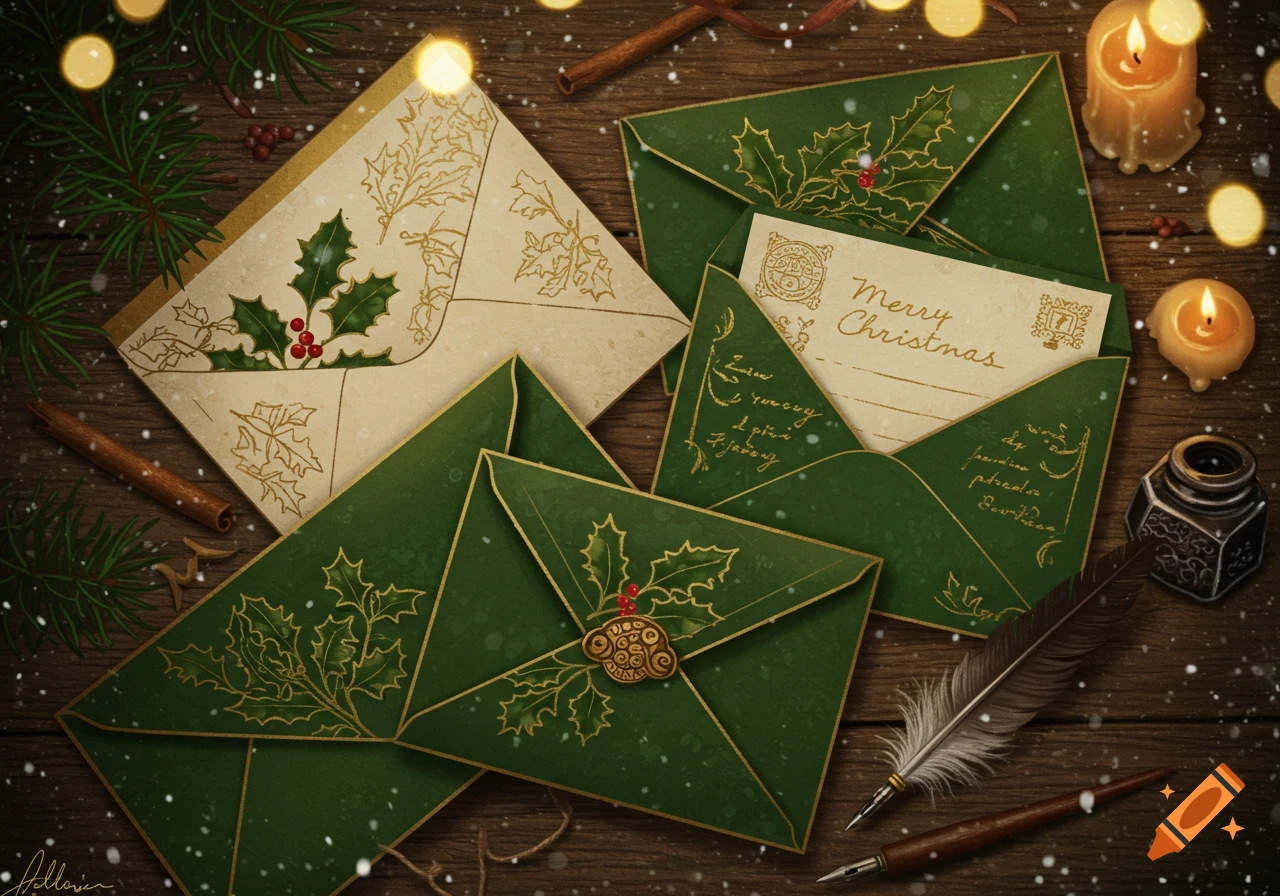 Overhead view of festive green and cream Christmas envelopes and cards on a wooden table, adorned with holly and gold accents, alongside lit candles, pine needles, cinnamon sticks, an inkwell, and a quill pen, with falling snow.