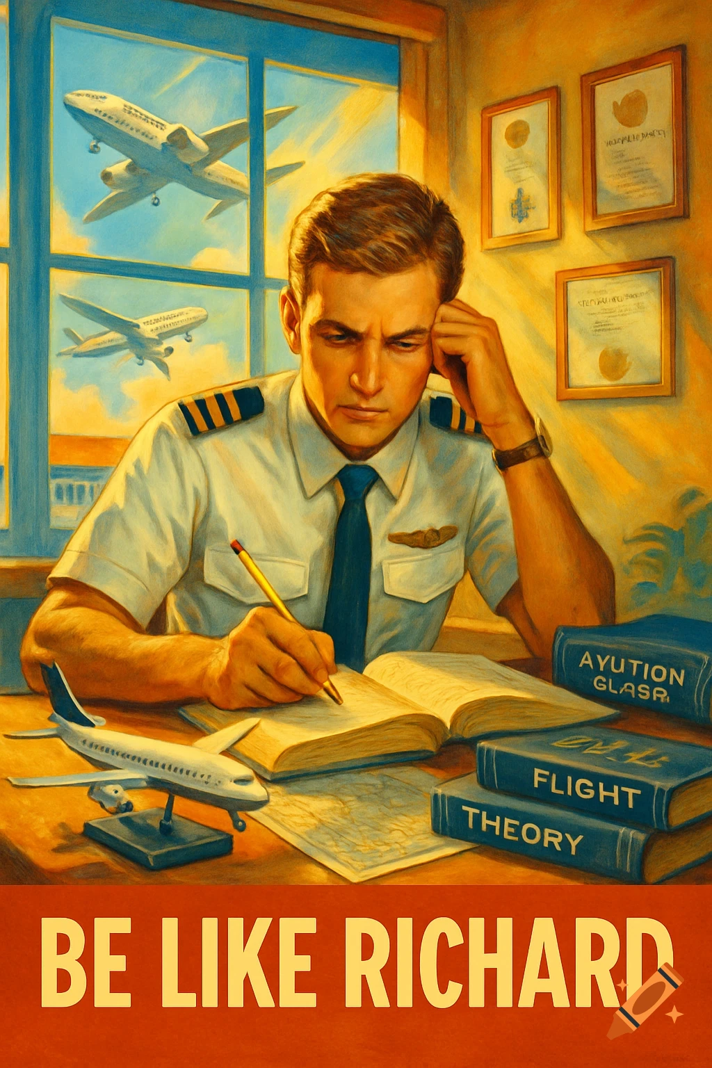 A pilot candidate studies at a desk with books and a model airplane, planes visible outside a window, with the text "BE LIKE RICHARD" at the bottom. The art style is a retro-inspired illustration.