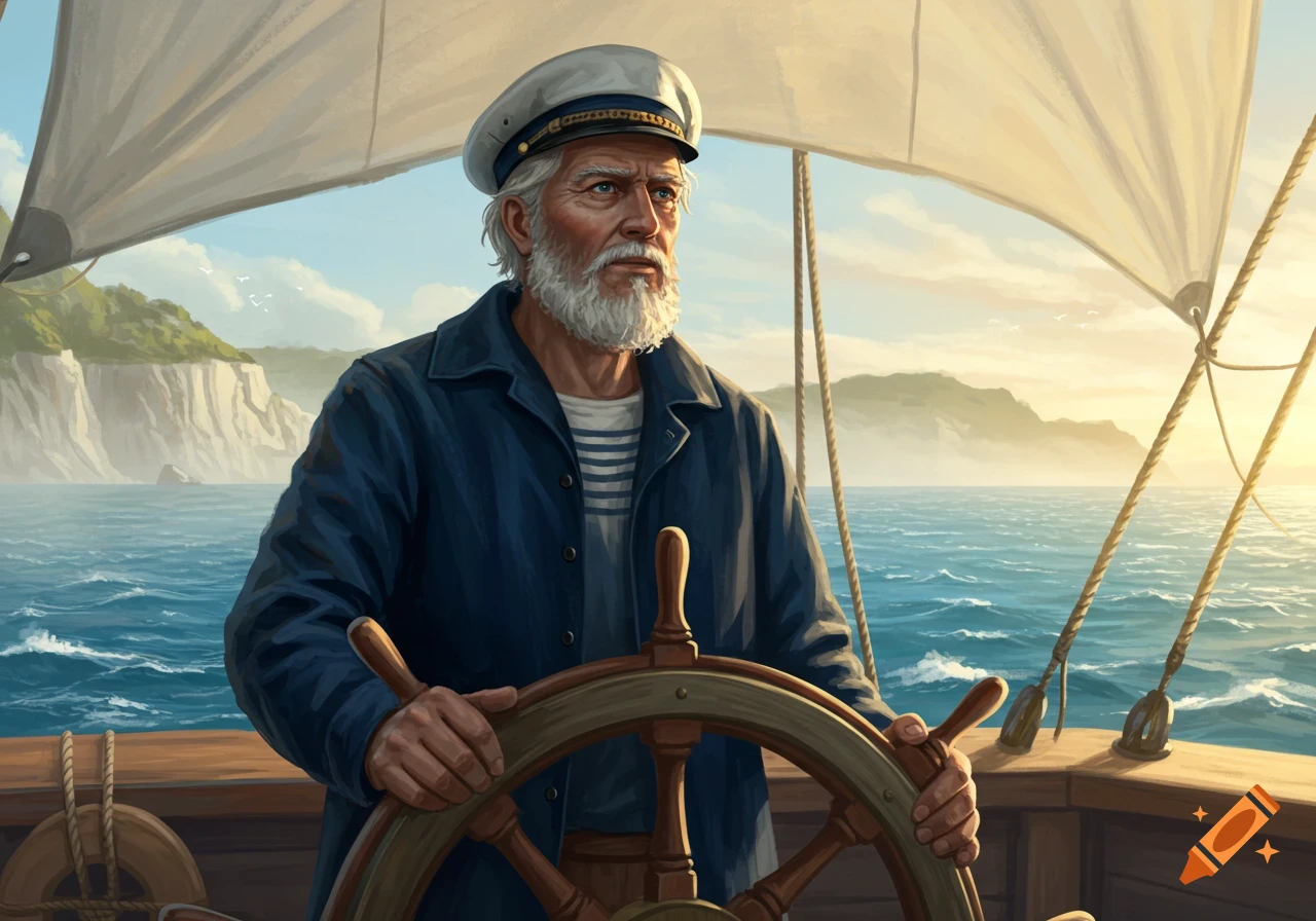 An old, bearded sailor in a blue jacket and cap steers a ship at sea, with sails and cliffs under a sunny sky.