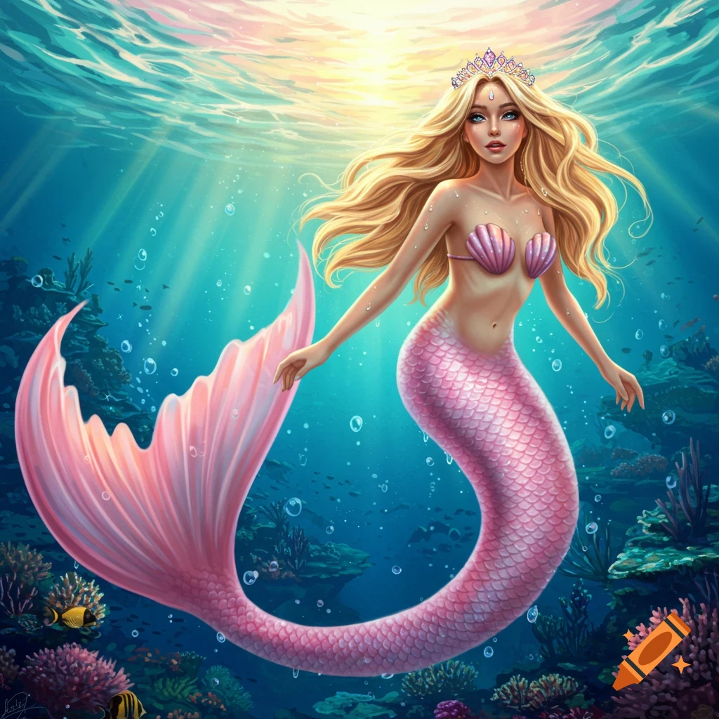 A blonde mermaid with a pink seashell top, matching tail, and diamond tiara swims gracefully underwater with sunlight, coral, and fish.