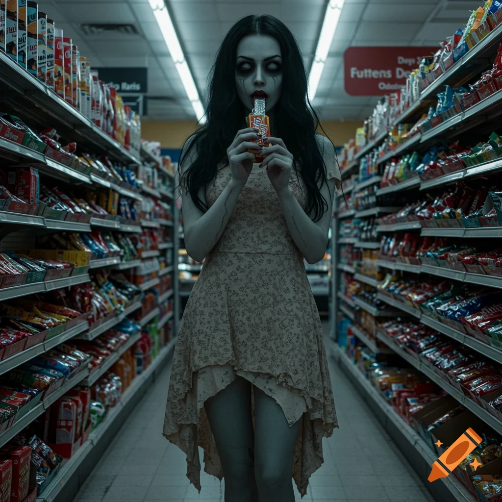 A pale, zombie-like woman with dark eyes stands in a convenience store aisle, eating a candy bar, in a photorealistic style.