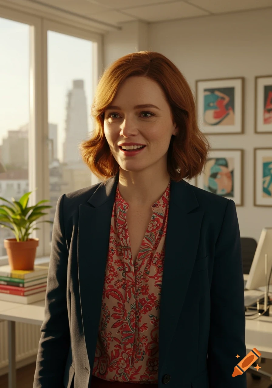 A smiling red-haired woman in a blue blazer and floral shirt stands in a sunlit office.
