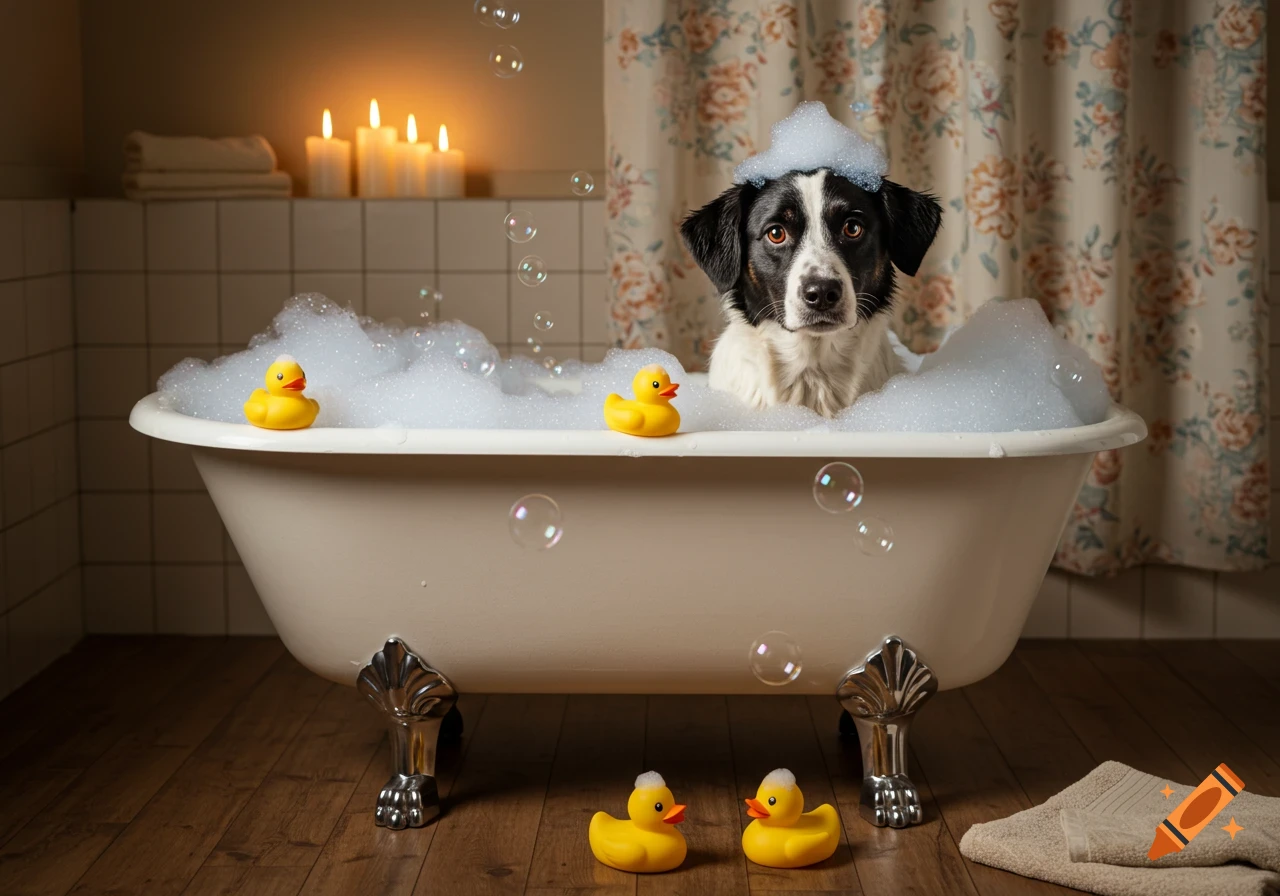 Photorealistic image of a black and white dog in a bubble-filled clawfoot bathtub with rubber duckies, illuminated by candles.