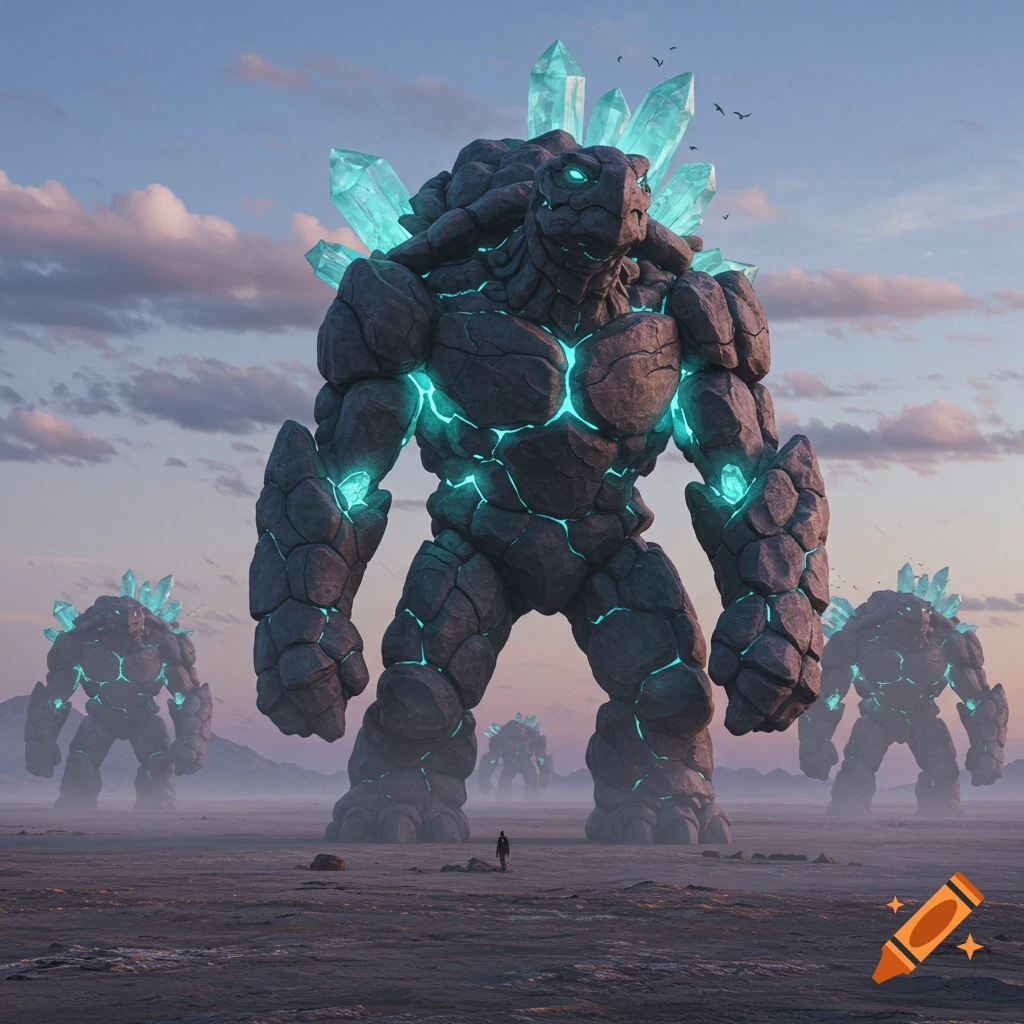 Giant glowing rock monsters with crystals on their backs stand in a desolate landscape with a small human figure.