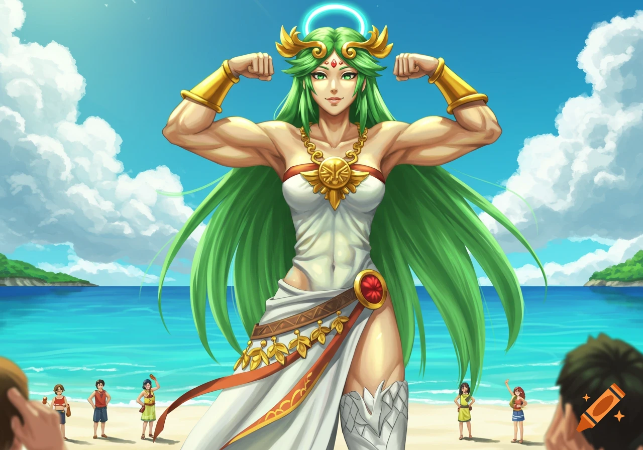 Anime-style Palutena with green hair and white dress flexes muscular arms on a sunny beach with tiny onlookers.