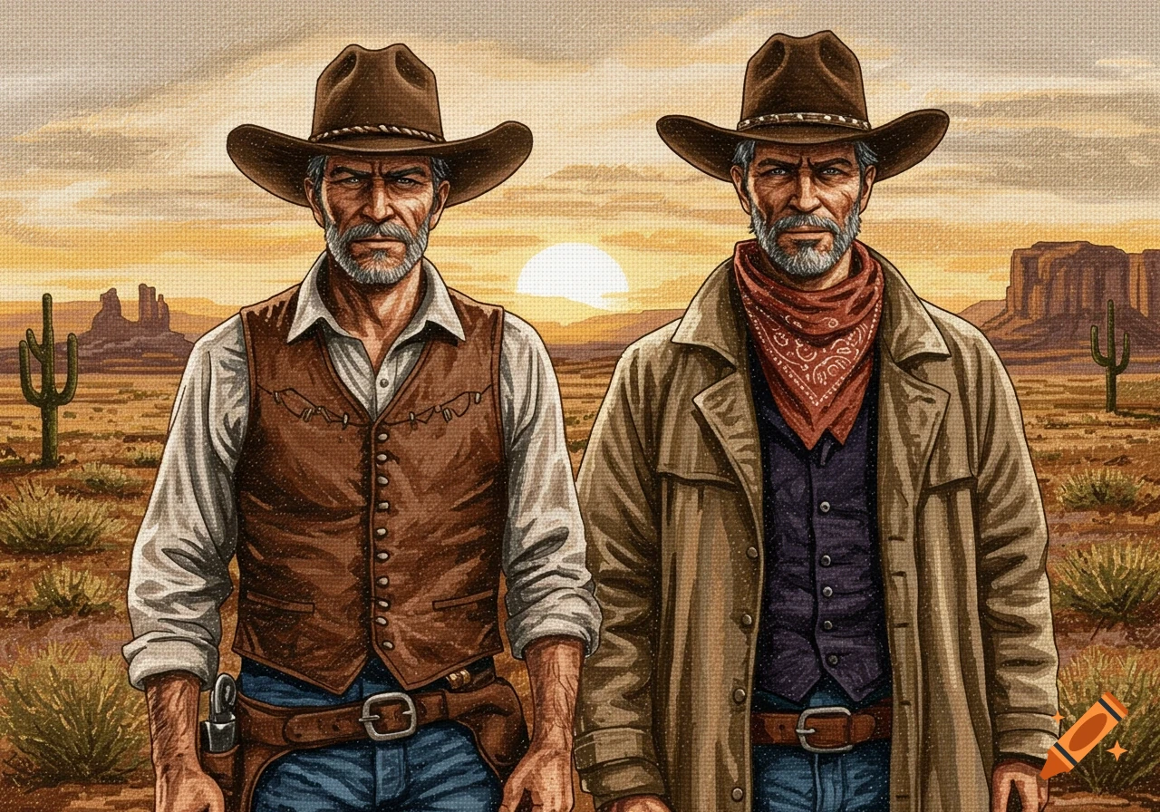 Cross-stitch illustration of two cowboys standing in a desert landscape at sunset.