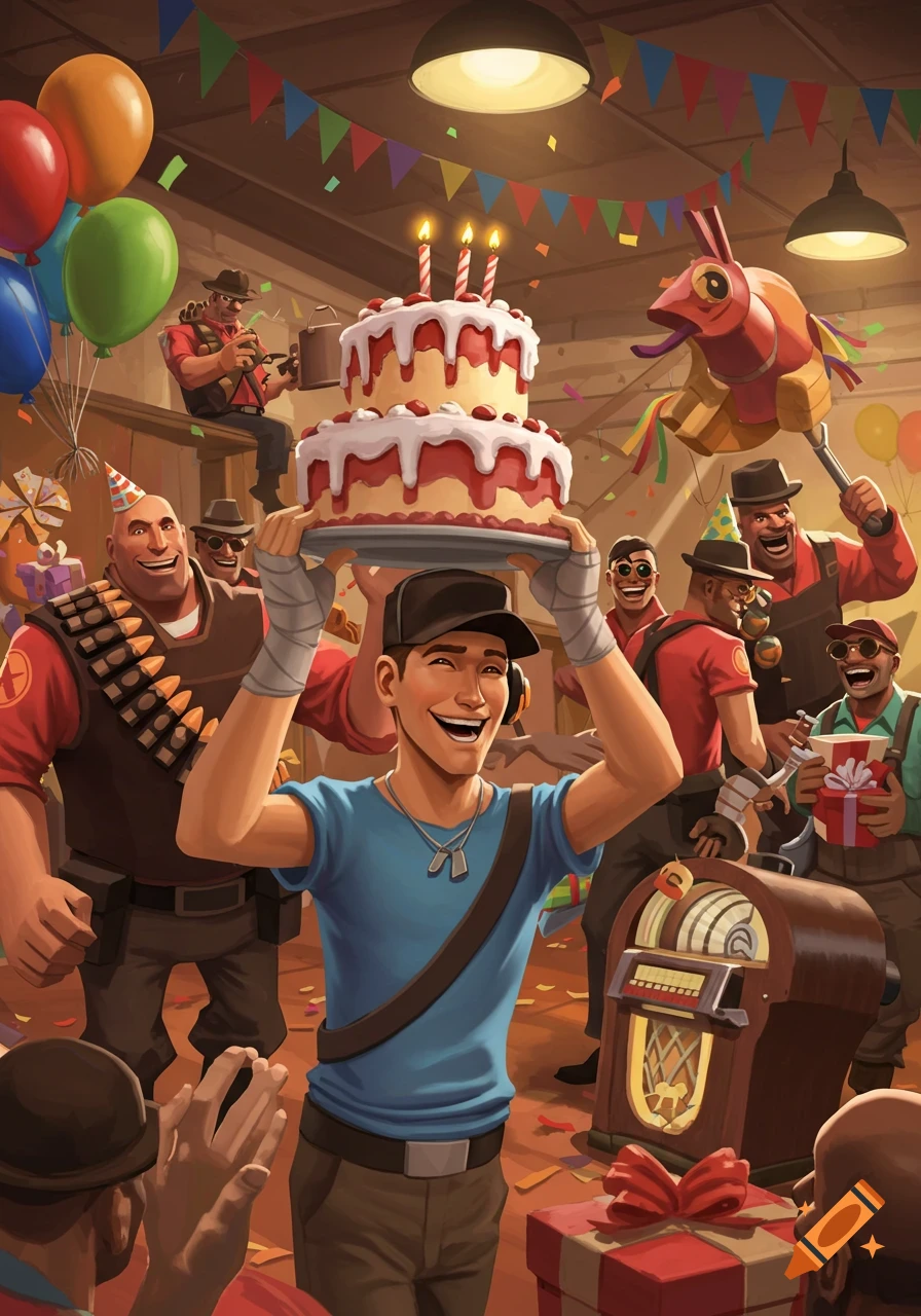 Team Fortress 2 characters celebrate a birthday party. Scout holds a two-tier cake while other characters enjoy the festivities.