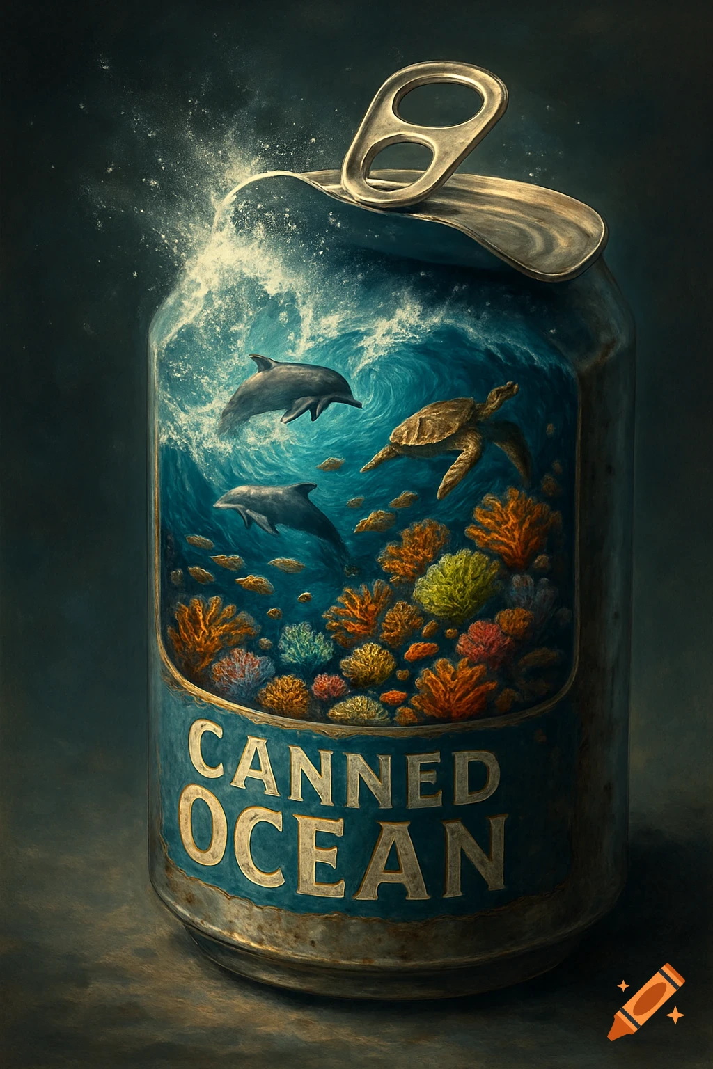Surreal illustration of a detailed ocean ecosystem with dolphins and a sea turtle erupting from a 'CANNED OCEAN' can.